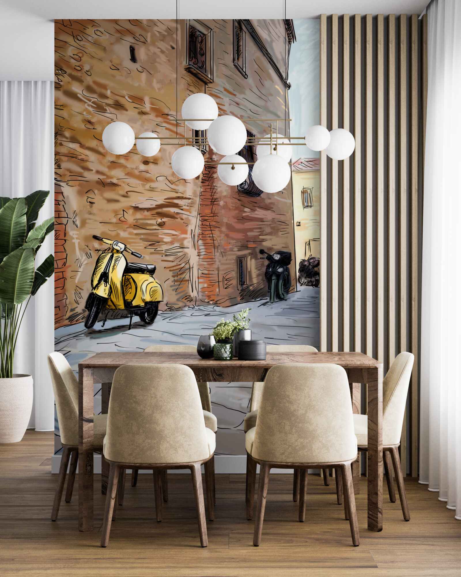 Papier peint ancienne rue pavée et scooter