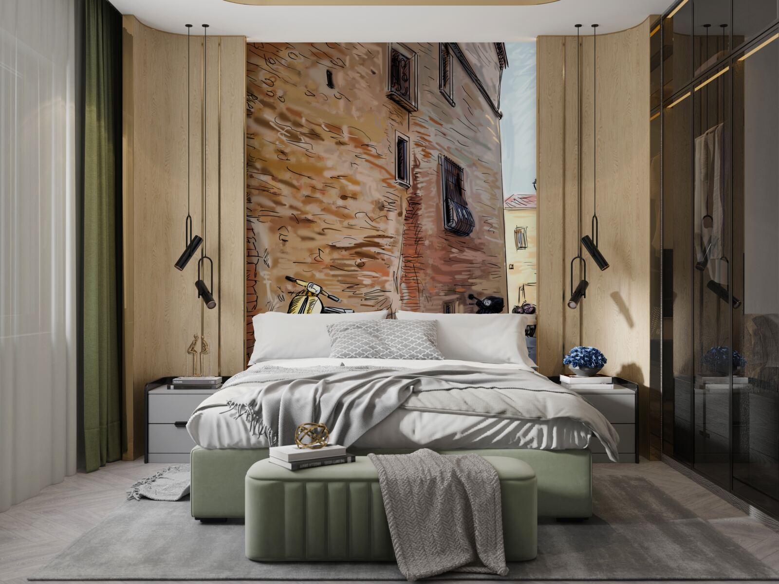 Papier peint ancienne rue pavée et scooter