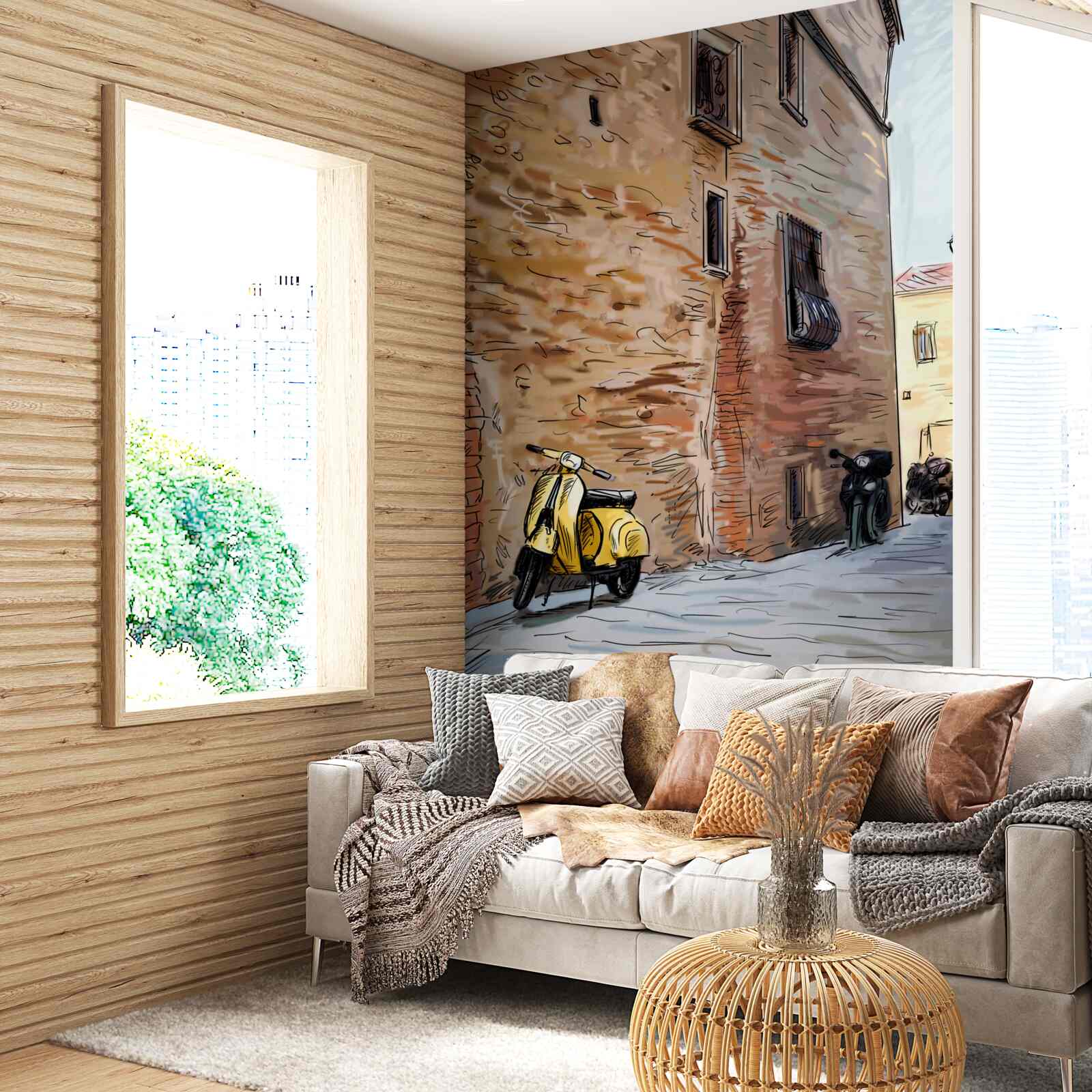 Papier peint ancienne rue pavée et scooter