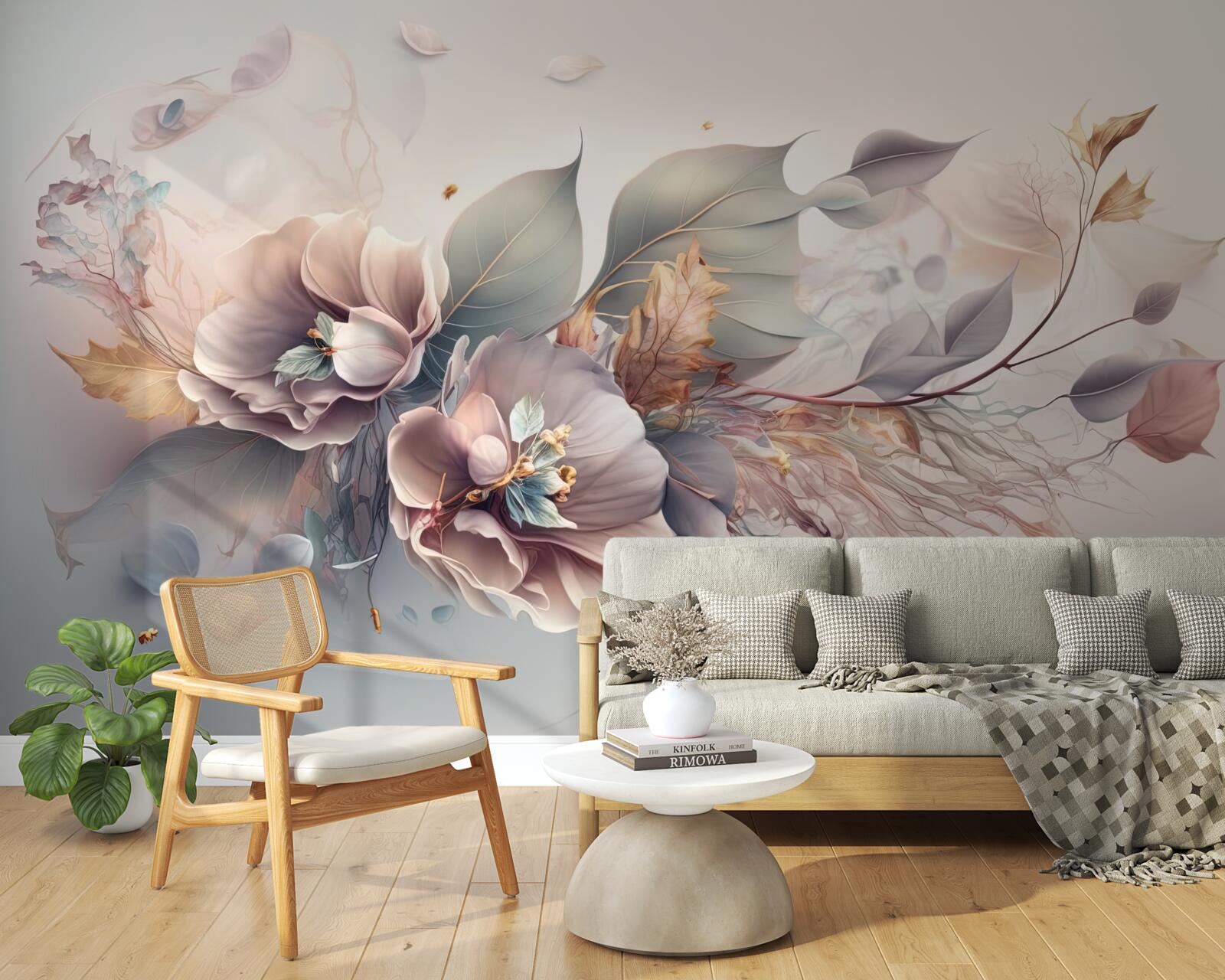 Papier peint branche de fleur colorée sur fond clair