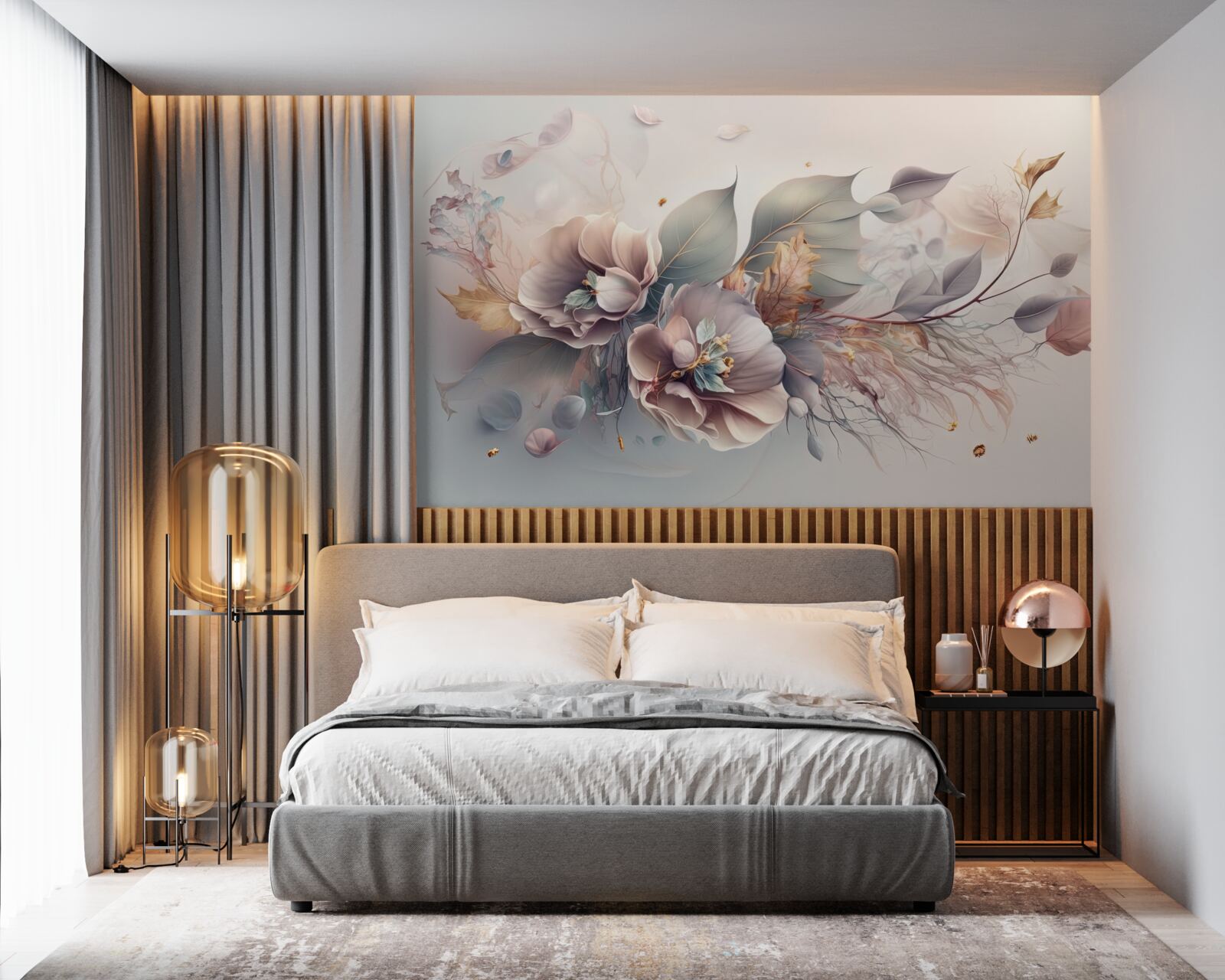 Papier peint branche de fleur colorée sur fond clair