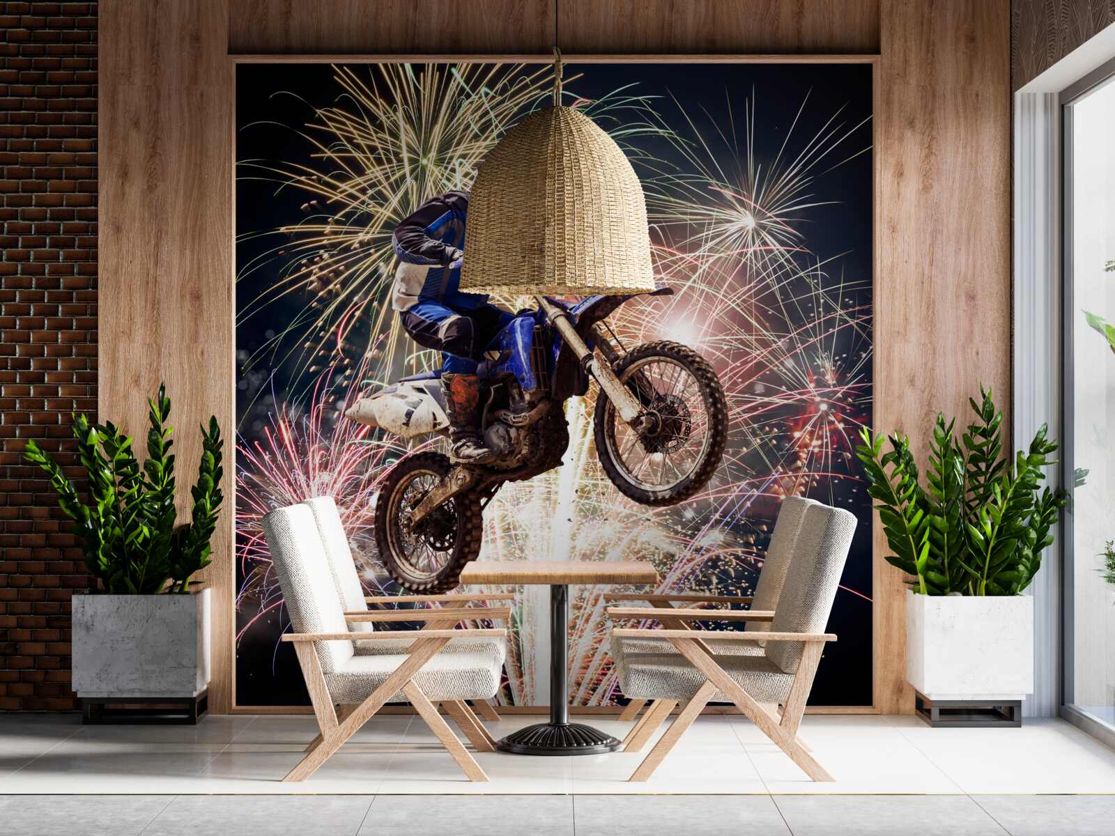 Papier peint cycliste sur le dos d'un feu d'artifice