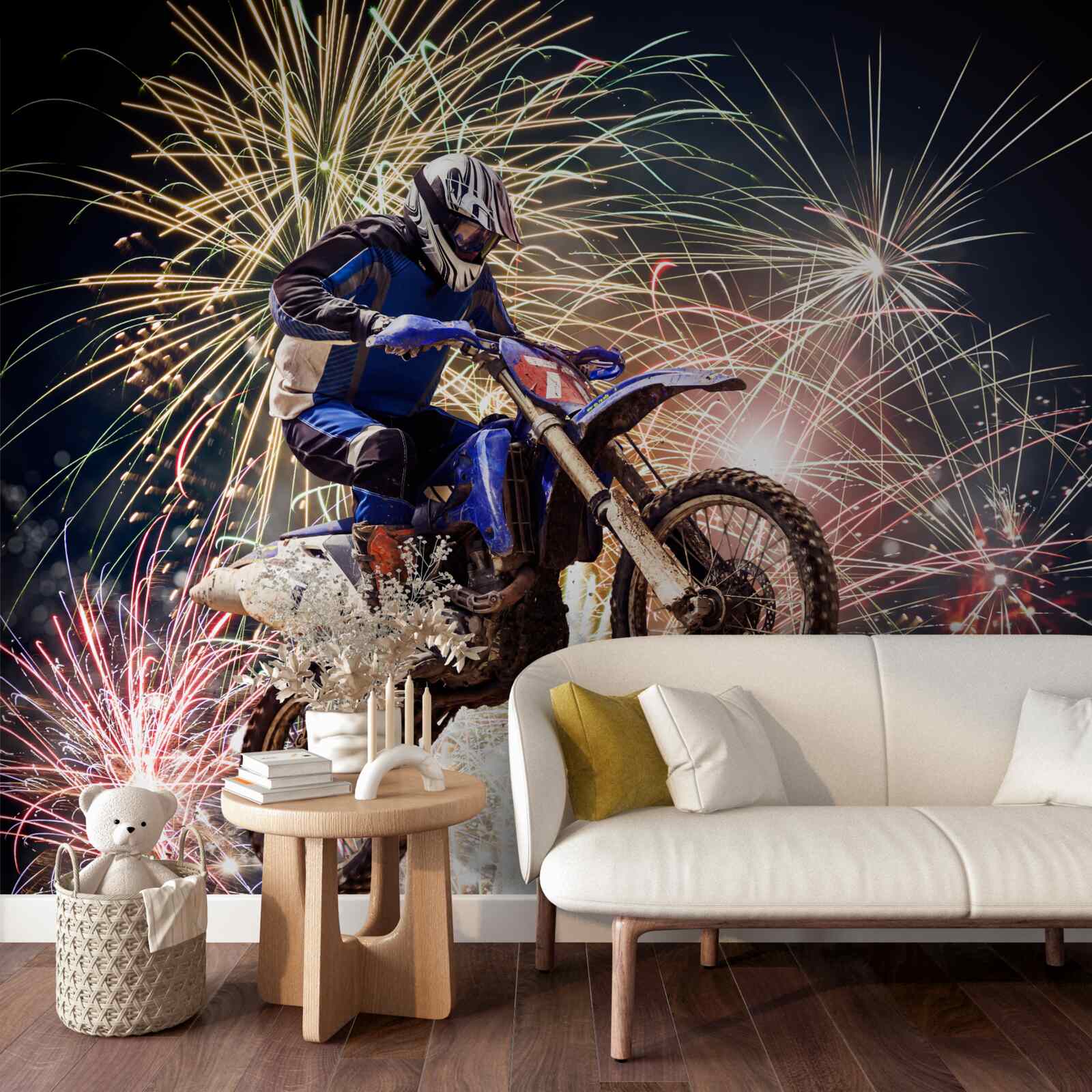 Papier peint cycliste sur le dos d'un feu d'artifice