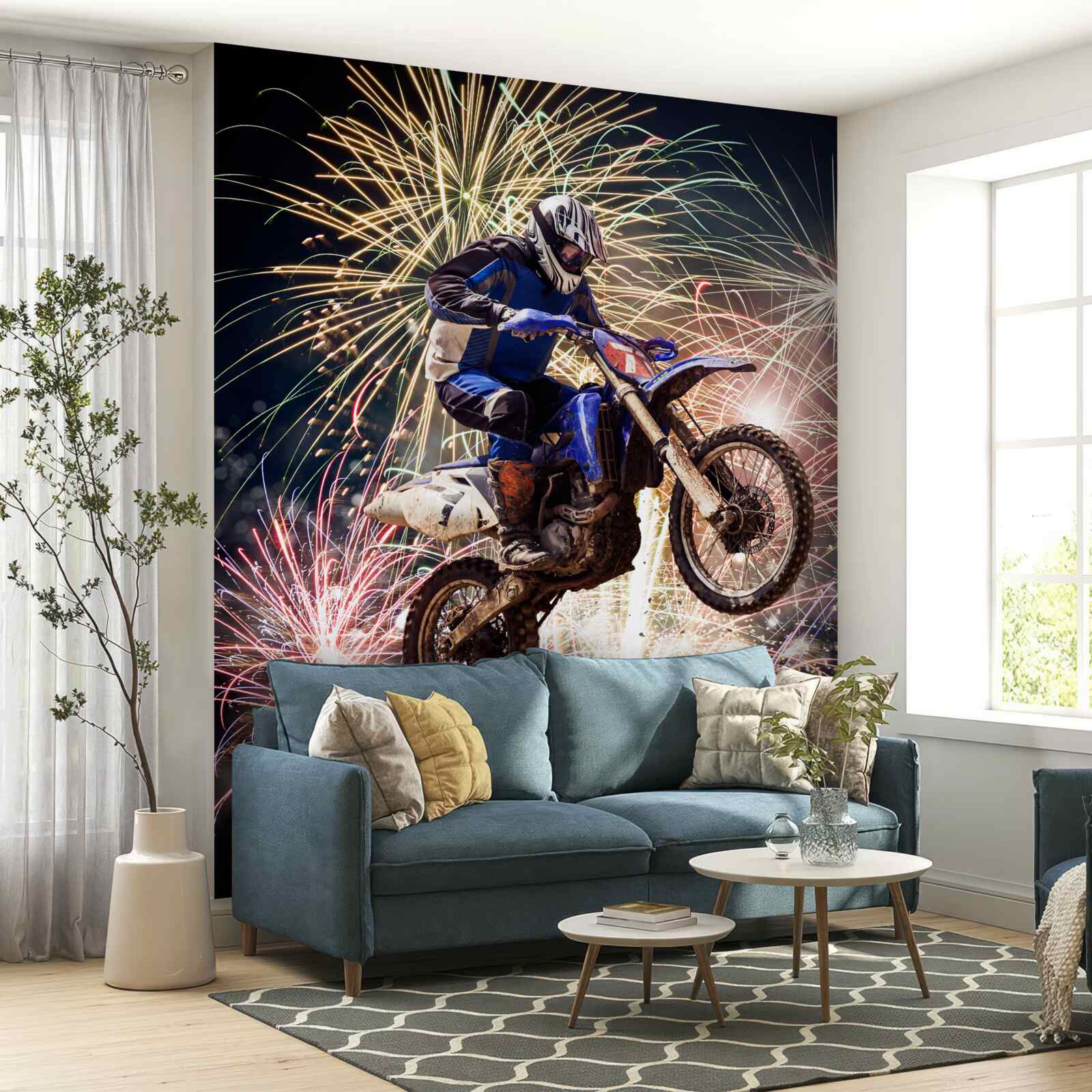 Papier peint cycliste sur le dos d'un feu d'artifice