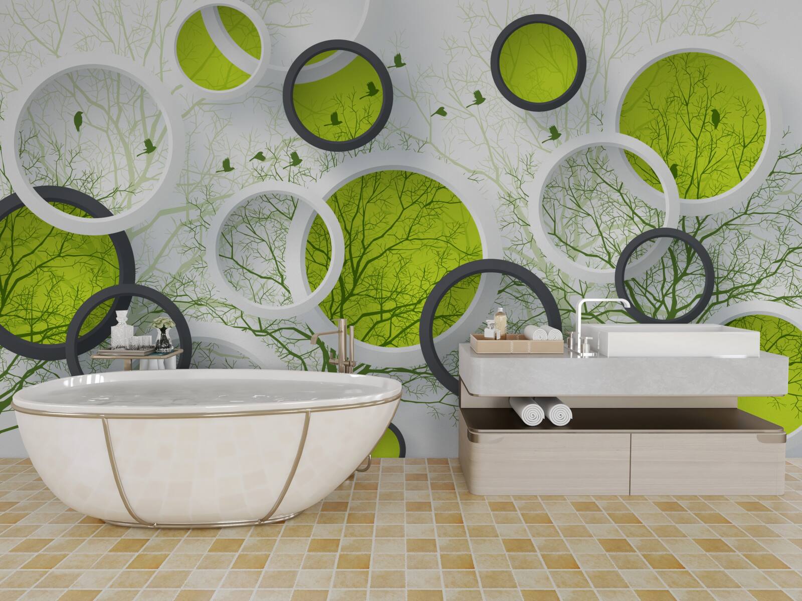 Papier peint cercles abstraits remplis d'arbres