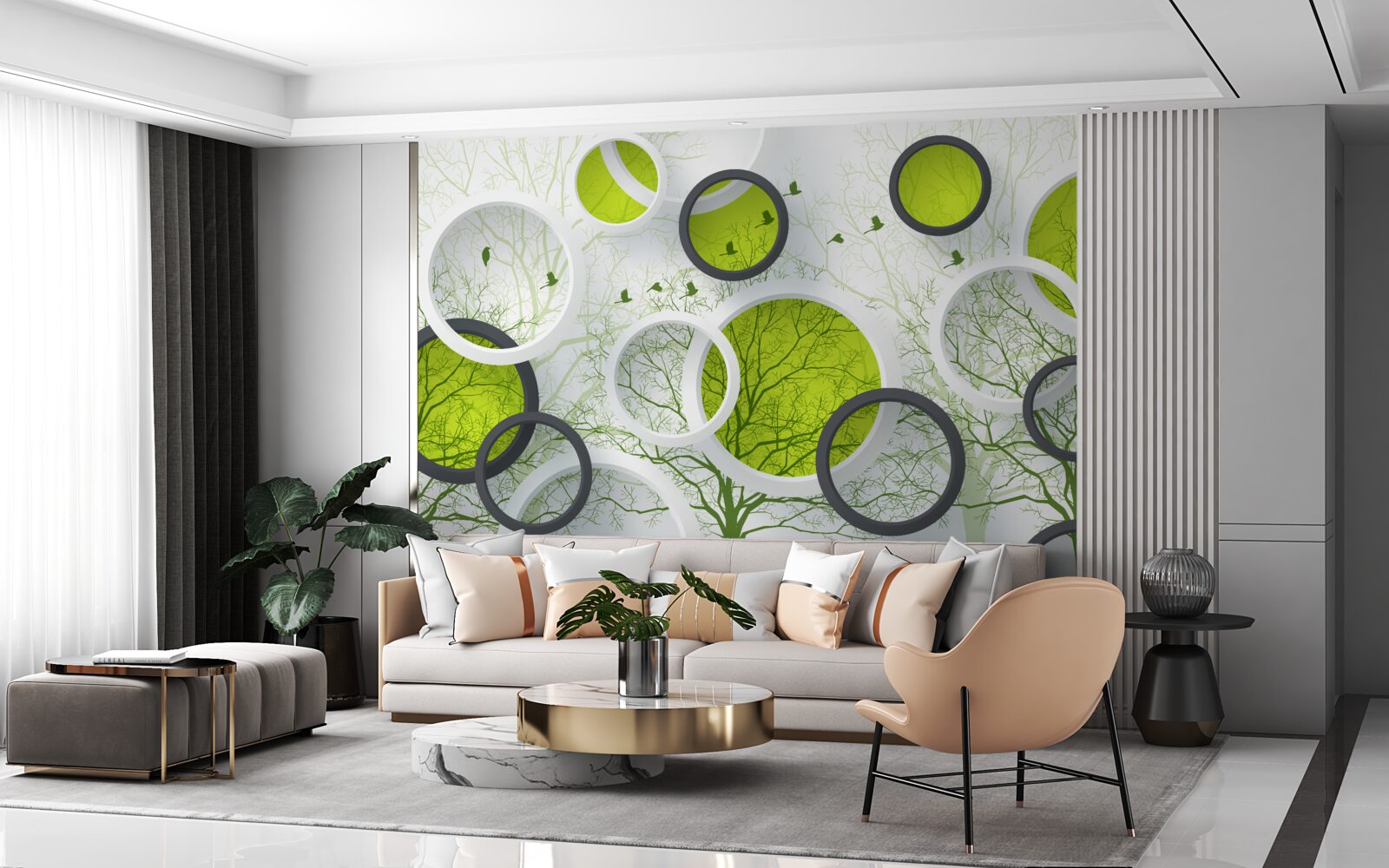 Papier peint cercles abstraits remplis d'arbres