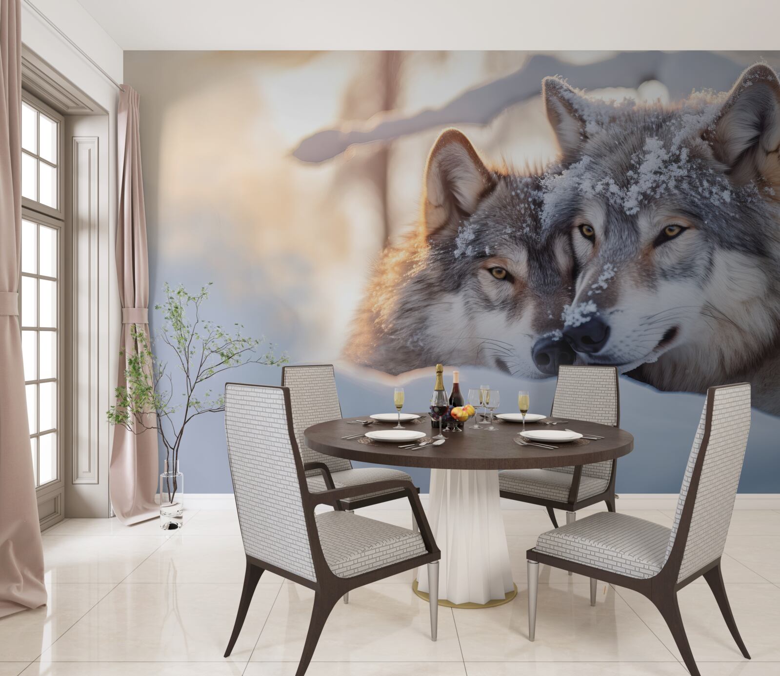 Papier peint Paysages de Blanche-Neige avec des loups gris au milieu