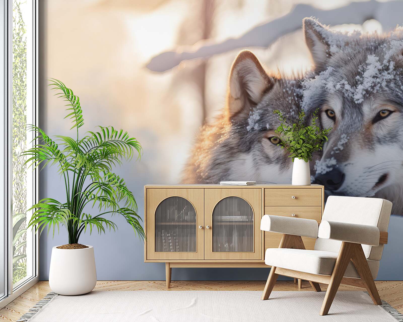 Papier peint Paysages de Blanche-Neige avec des loups gris au milieu