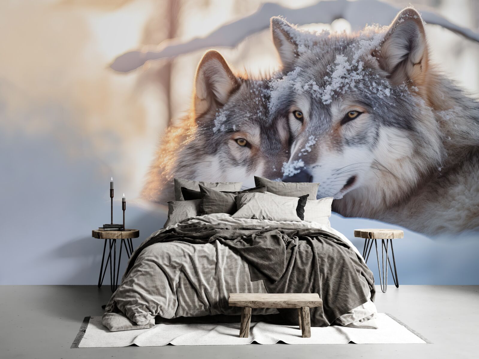 Papier peint Paysages de Blanche-Neige avec des loups gris au milieu