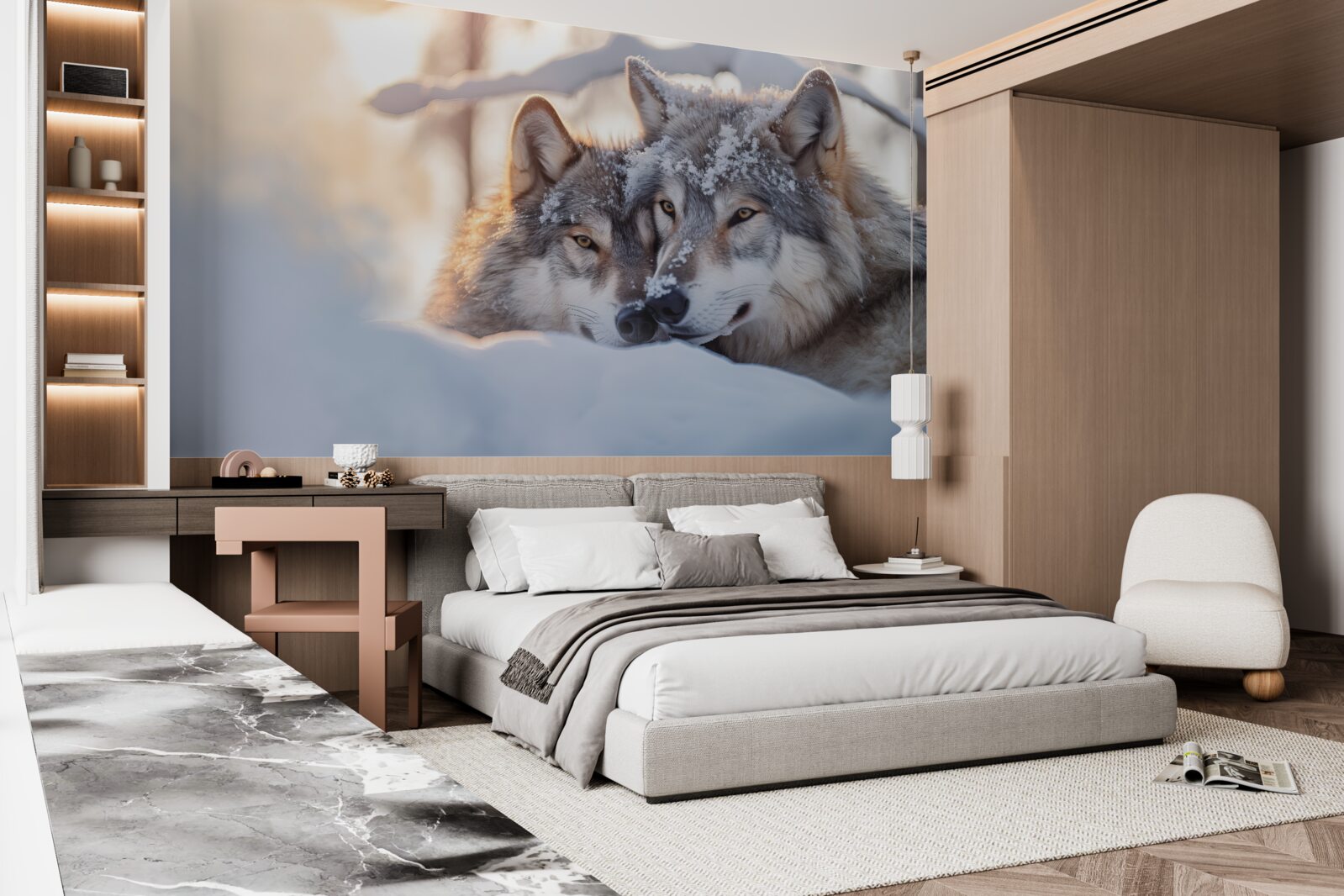 Papier peint Paysages de Blanche-Neige avec des loups gris au milieu