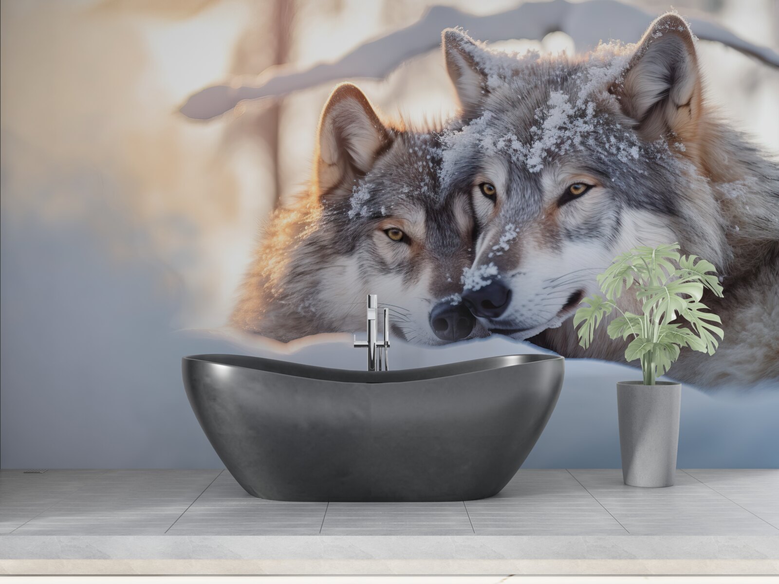 Papier peint Paysages de Blanche-Neige avec des loups gris au milieu