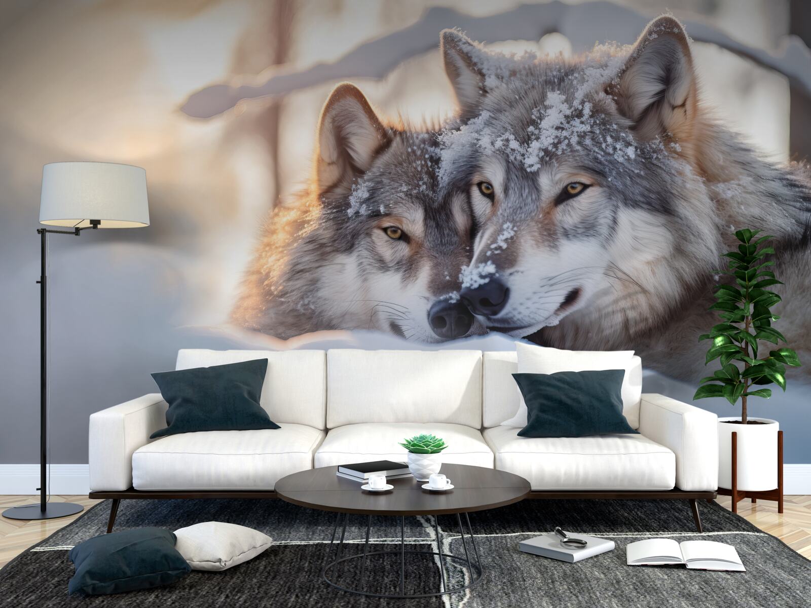 Papier peint Paysages de Blanche-Neige avec des loups gris au milieu