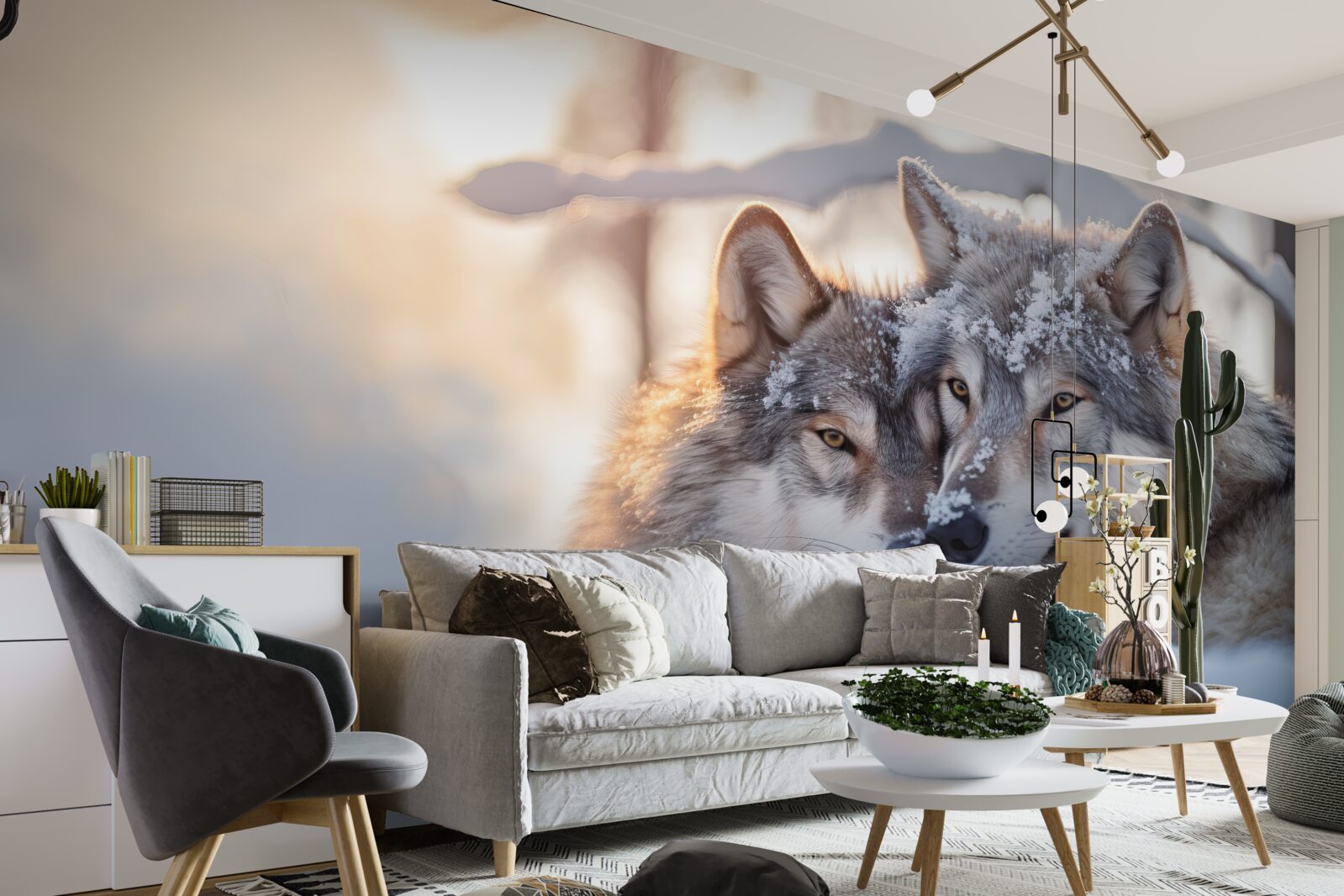 Papier peint Paysages de Blanche-Neige avec des loups gris au milieu