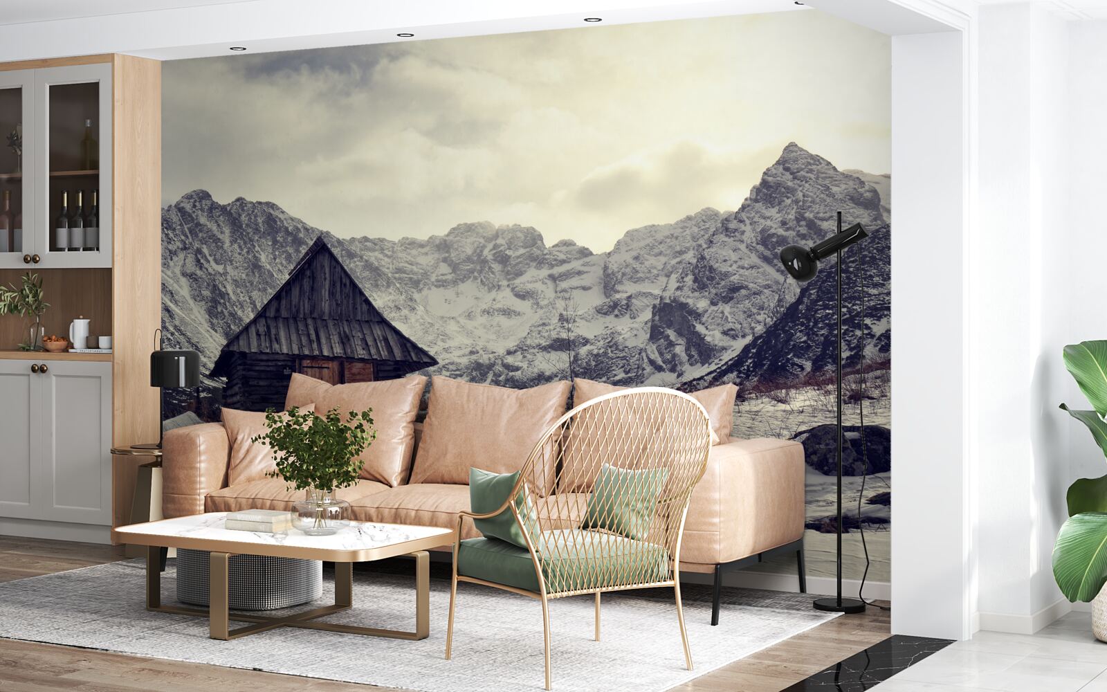 Papier peint maison confortable au milieu des montagnes gelées