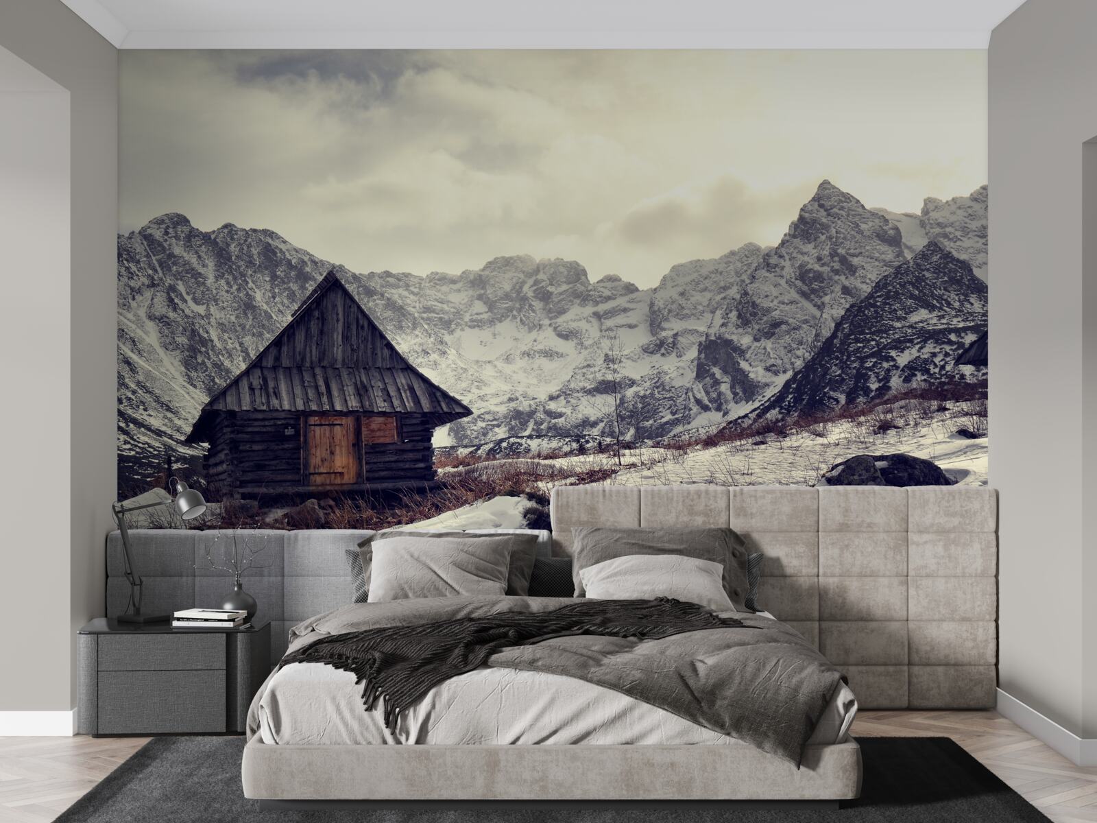 Papier peint maison confortable au milieu des montagnes gelées