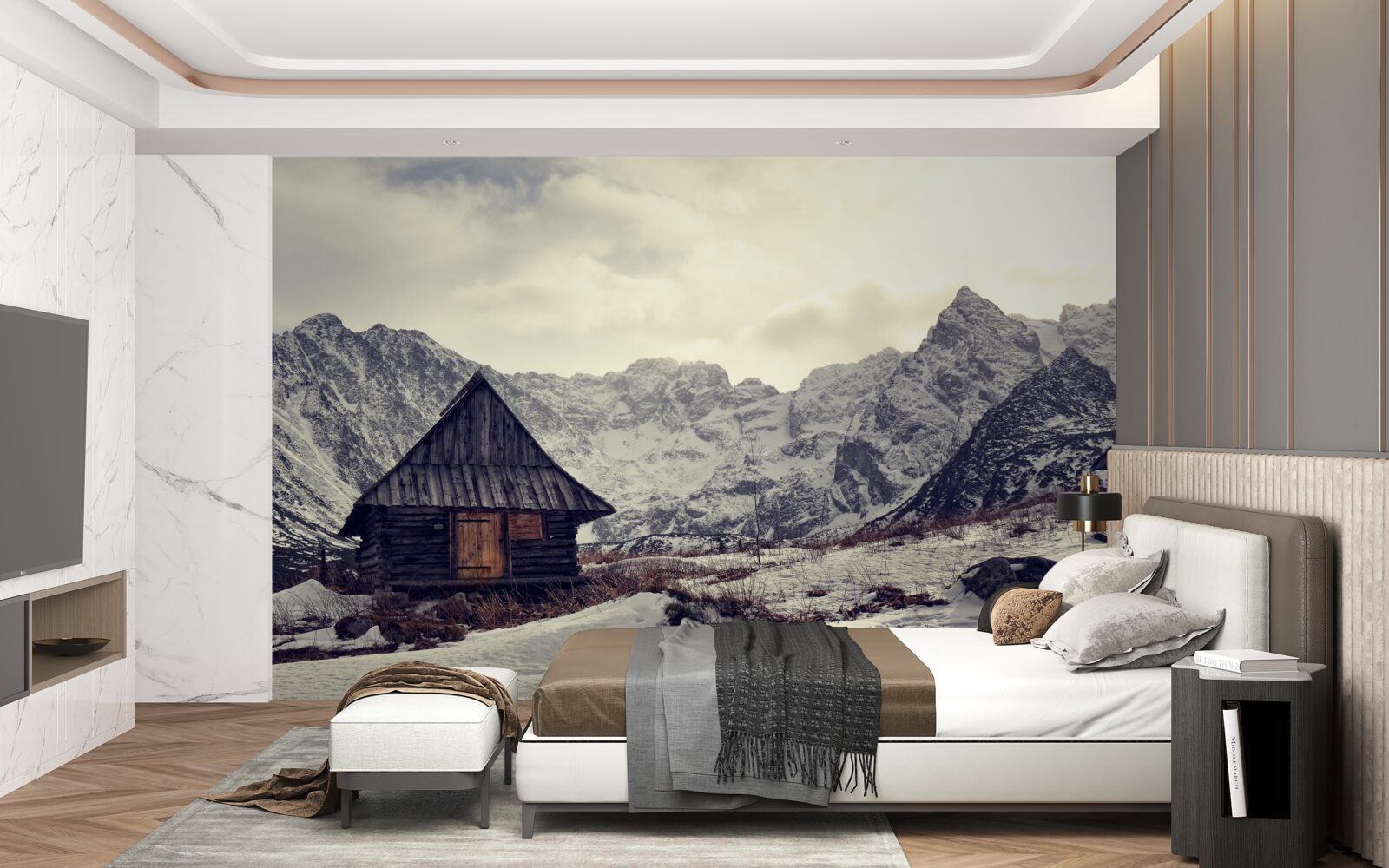 Papier peint maison confortable au milieu des montagnes gelées