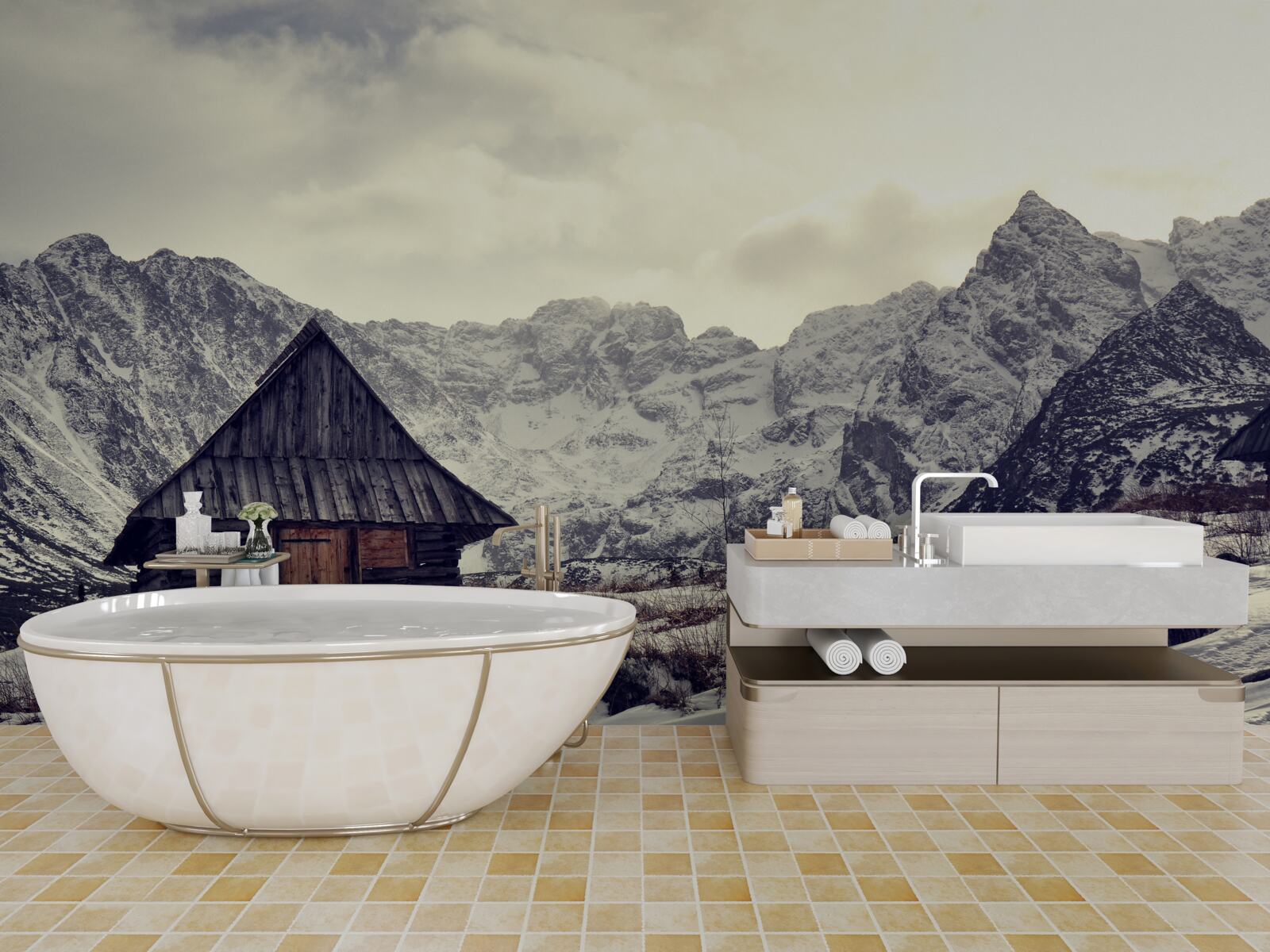 Papier peint maison confortable au milieu des montagnes gelées