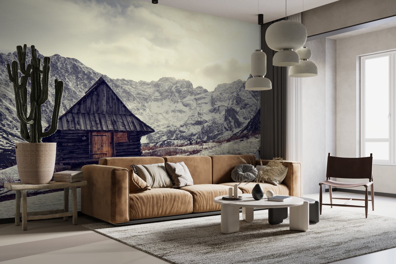 Papier peint maison confortable au milieu des montagnes gelées