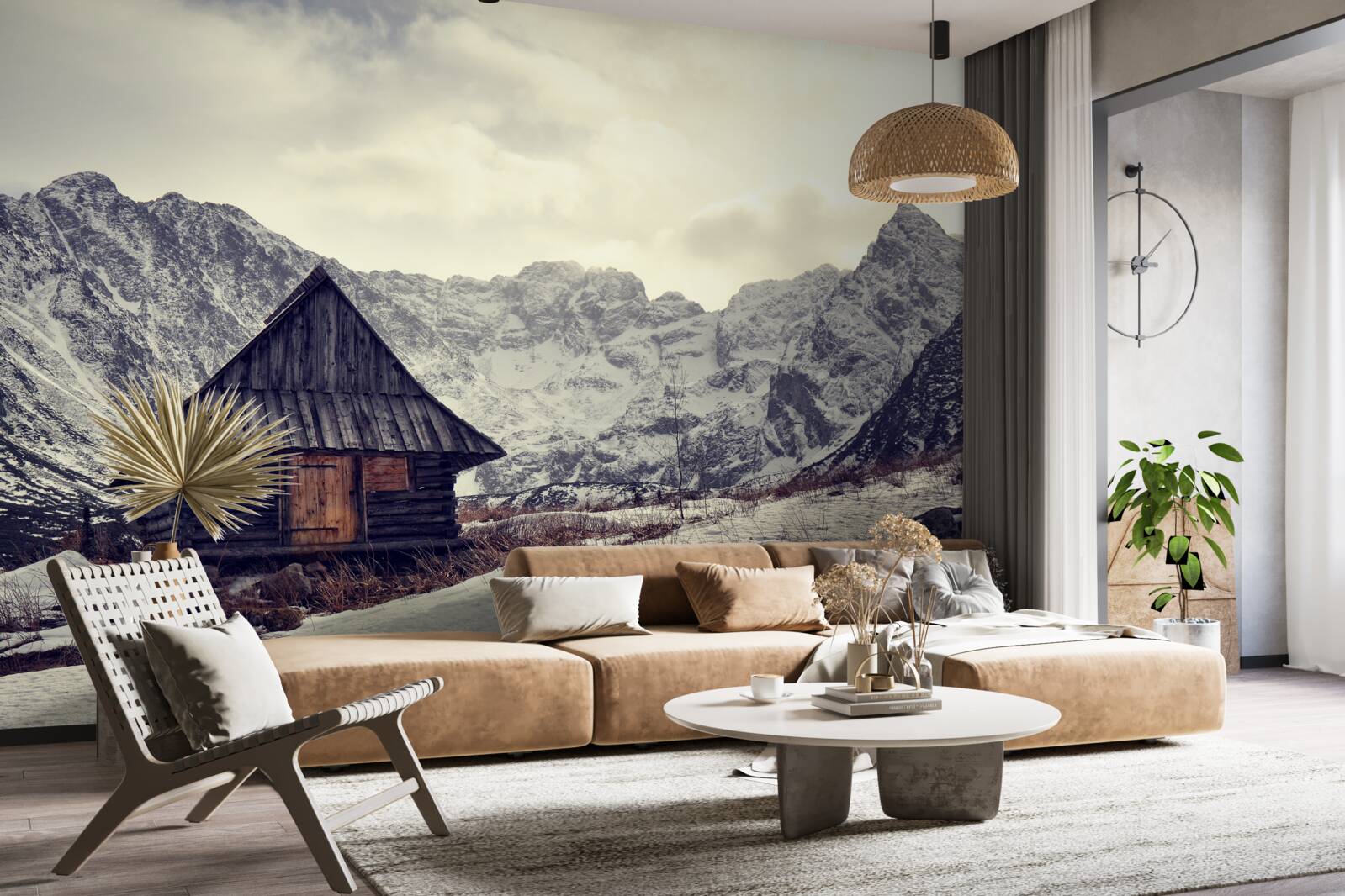 Papier peint maison confortable au milieu des montagnes gelées