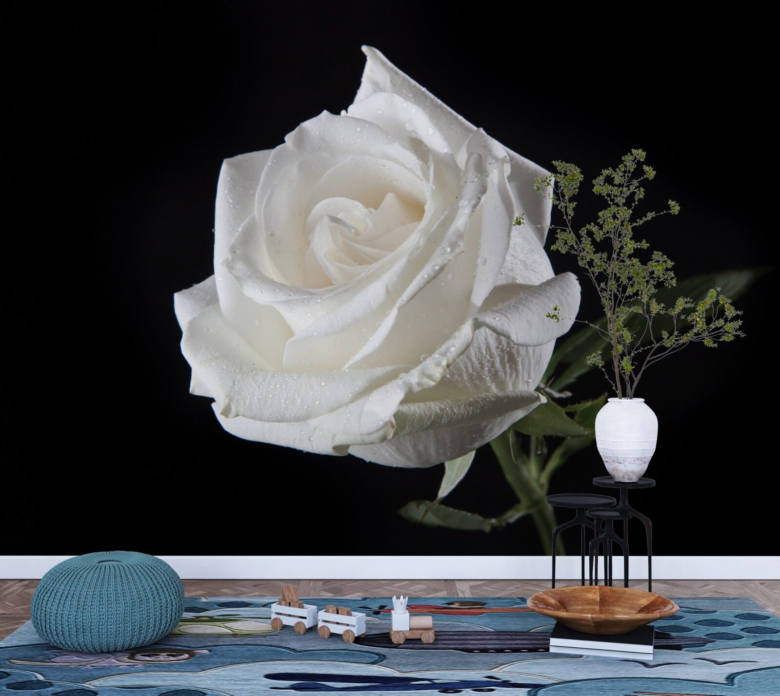 Papier peint le fond noir fait ressortir le blanc de la rose