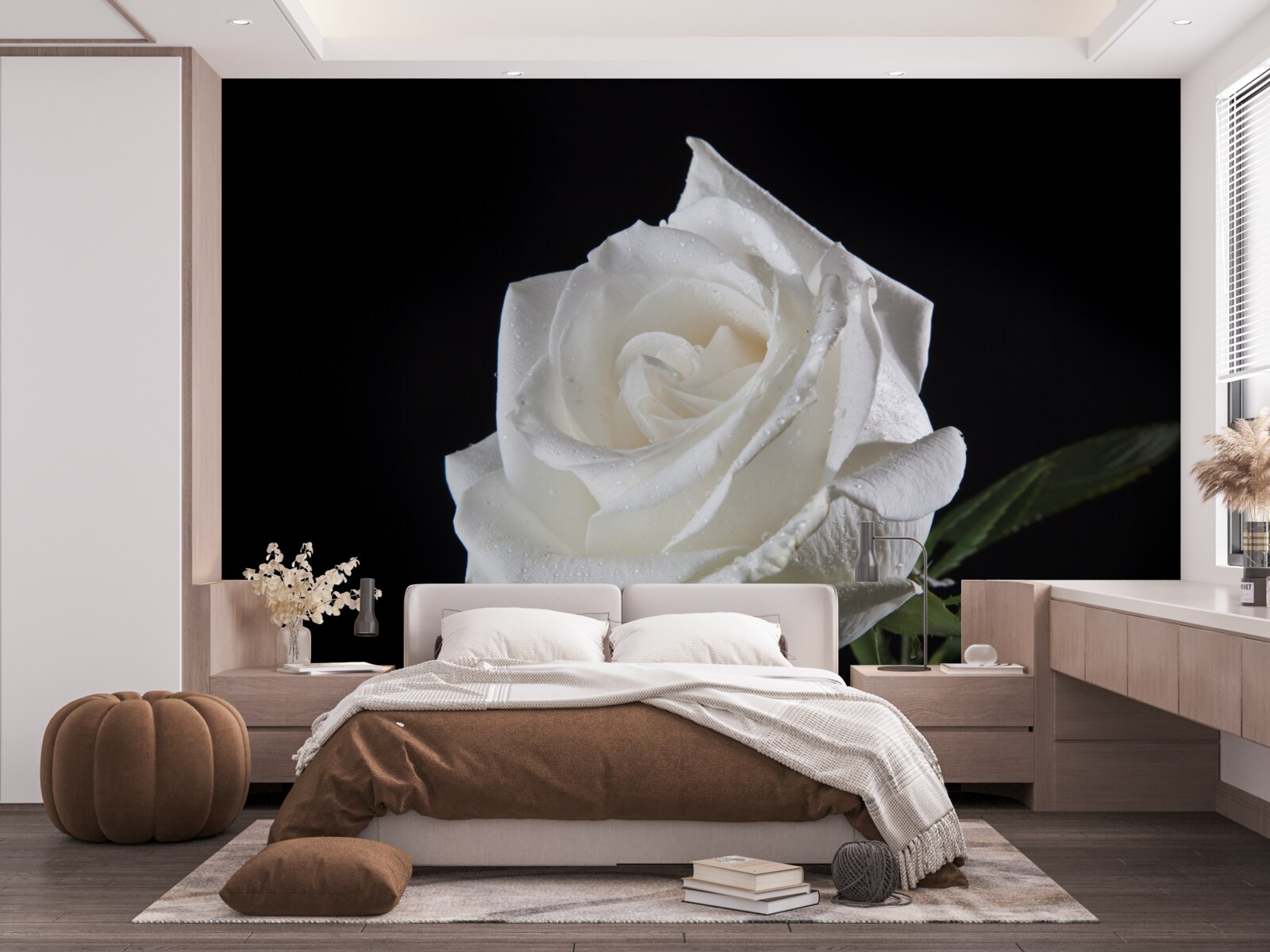 Papier peint le fond noir fait ressortir le blanc de la rose