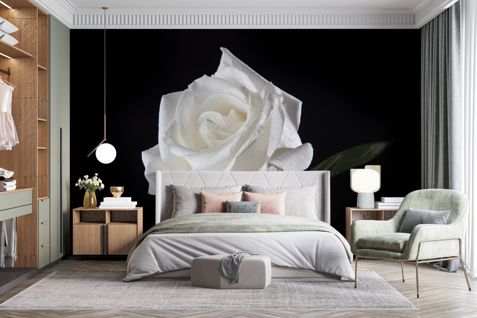 Papier peint le fond noir fait ressortir le blanc de la rose