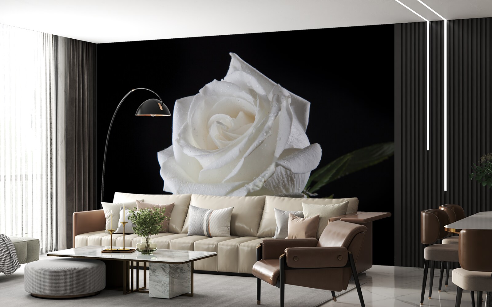 Papier peint le fond noir fait ressortir le blanc de la rose