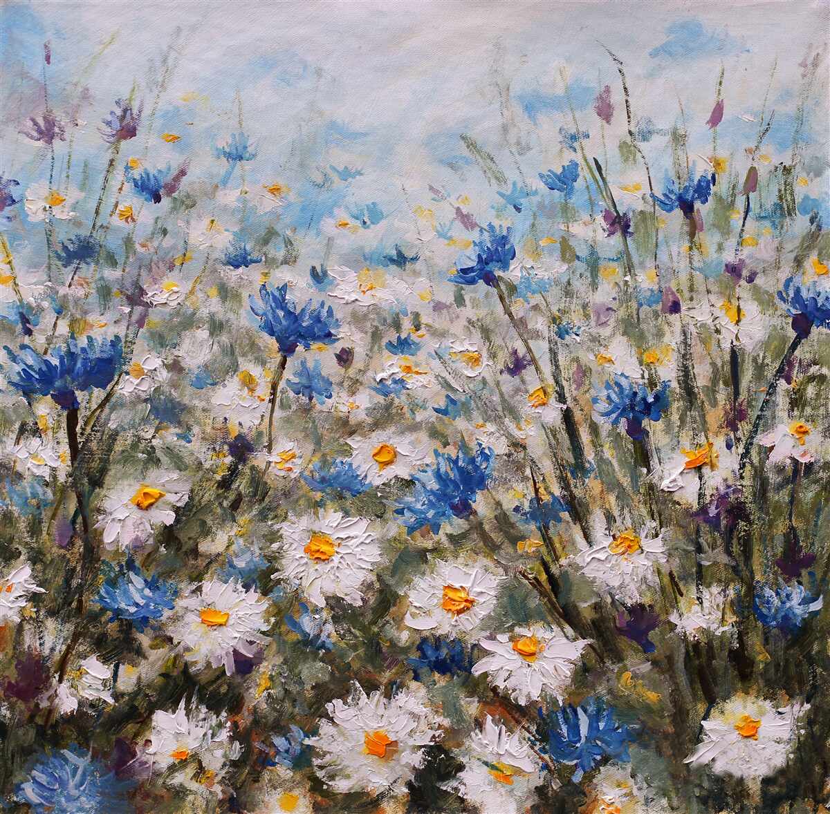 Papier peint marguerite et bourgeons bleus