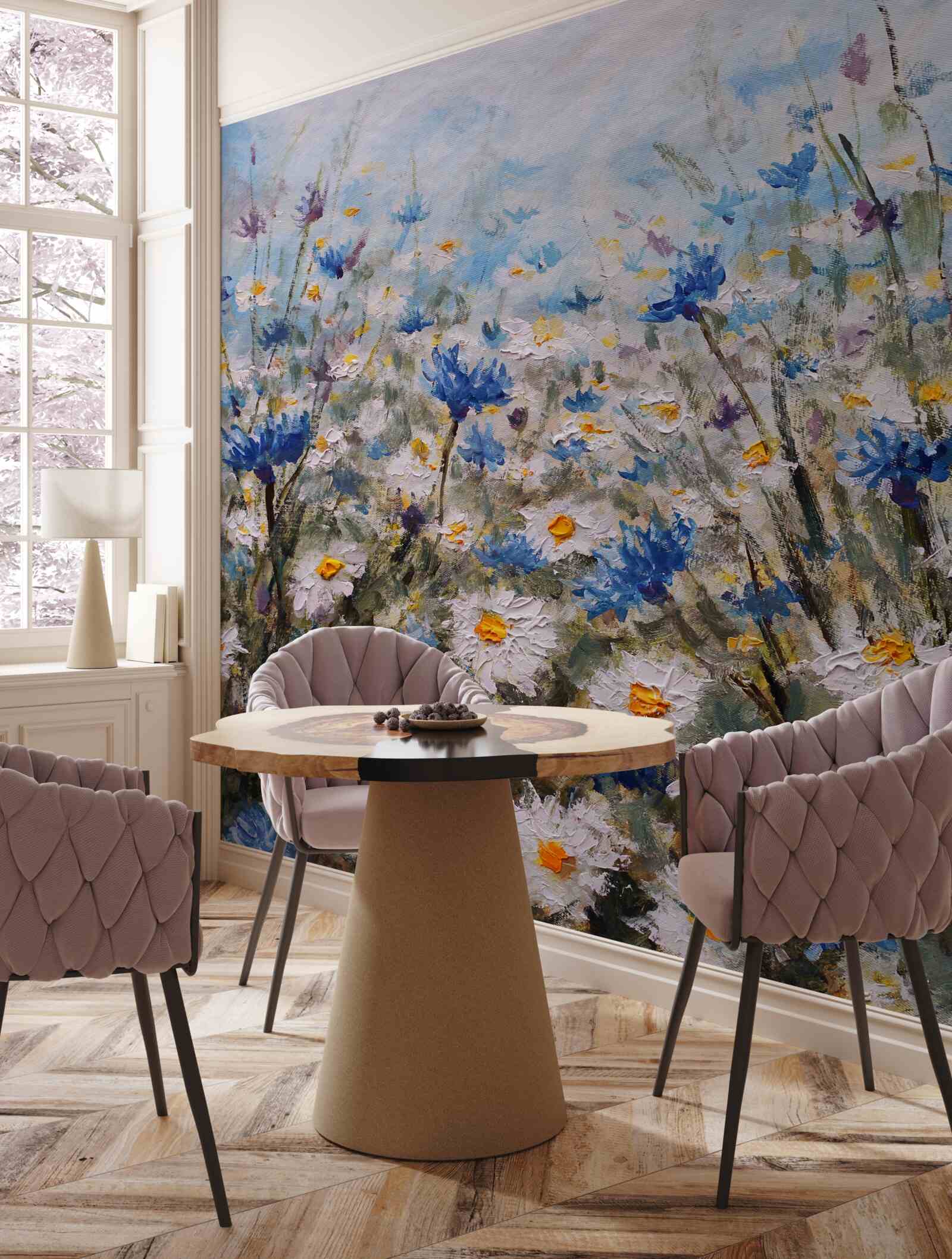 Papier peint marguerite et bourgeons bleus