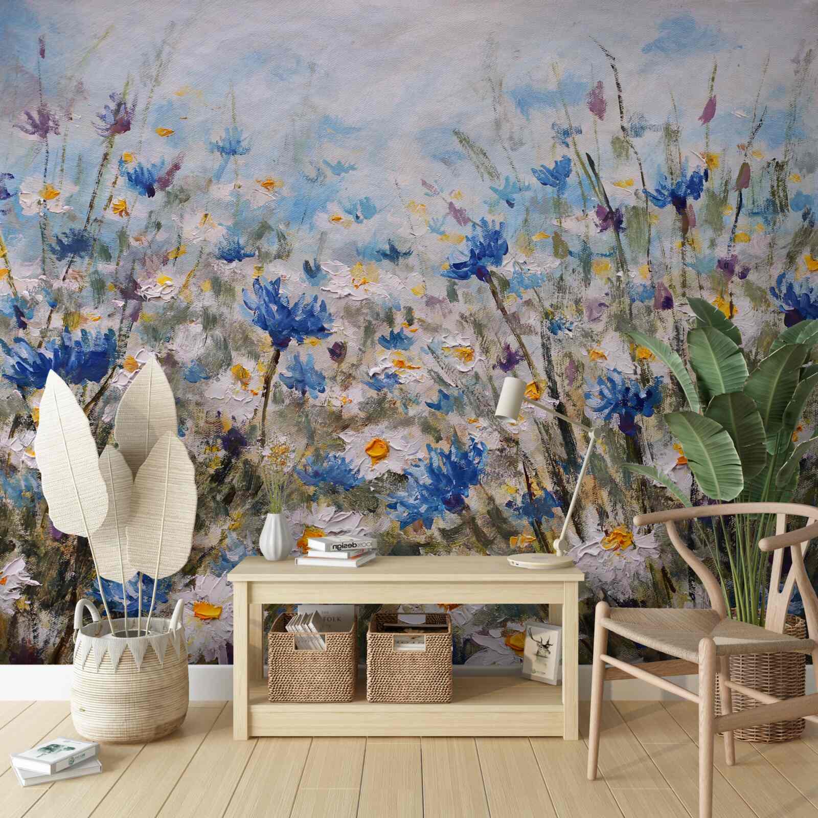 Papier peint marguerite et bourgeons bleus