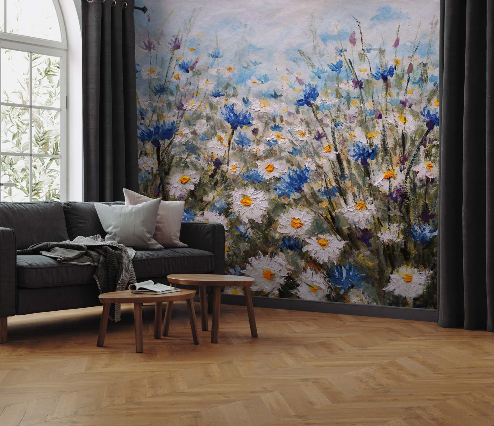 Papier peint marguerite et bourgeons bleus