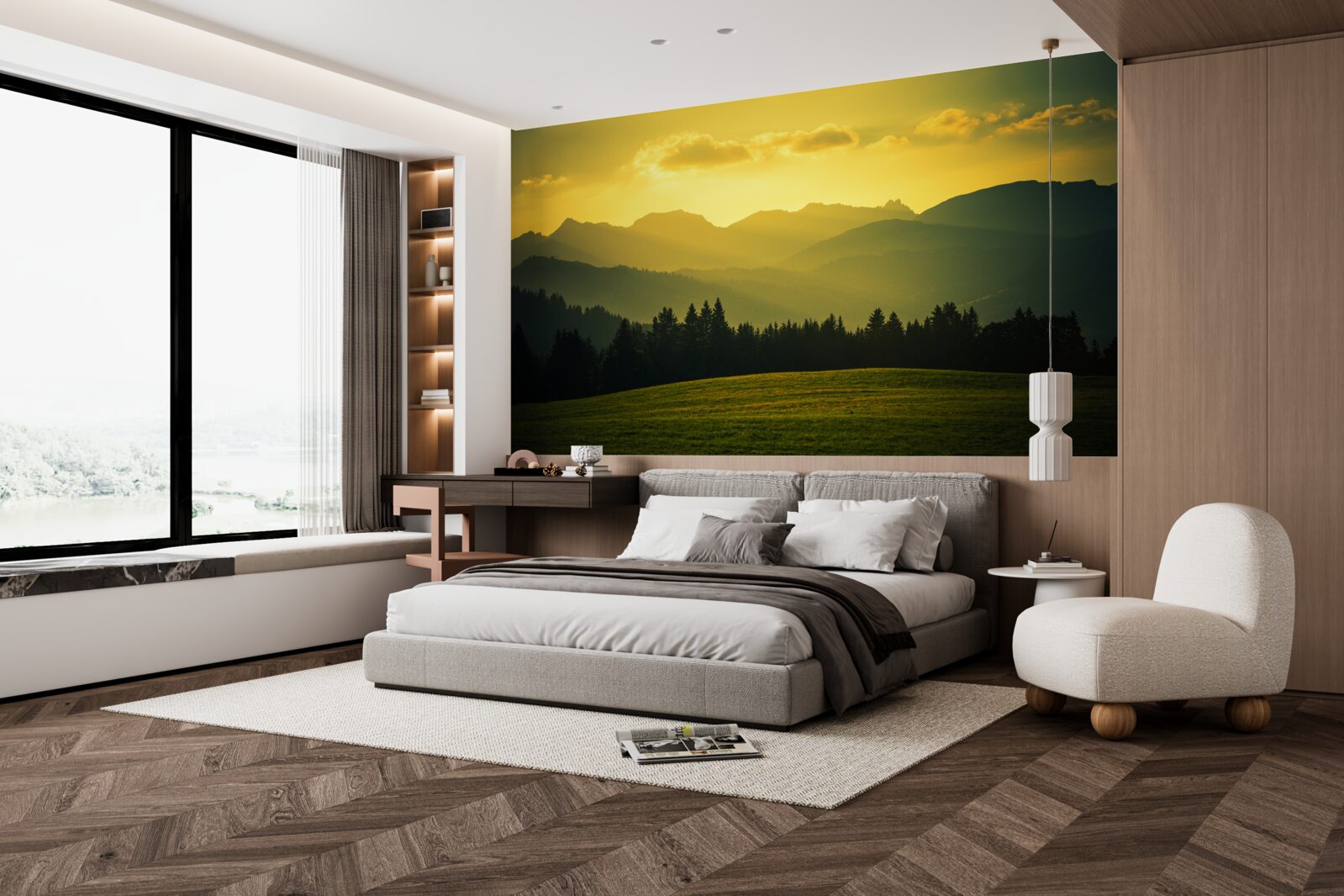 Papier peint Coucher de soleil jaune dans une forêt de montagne enfumée