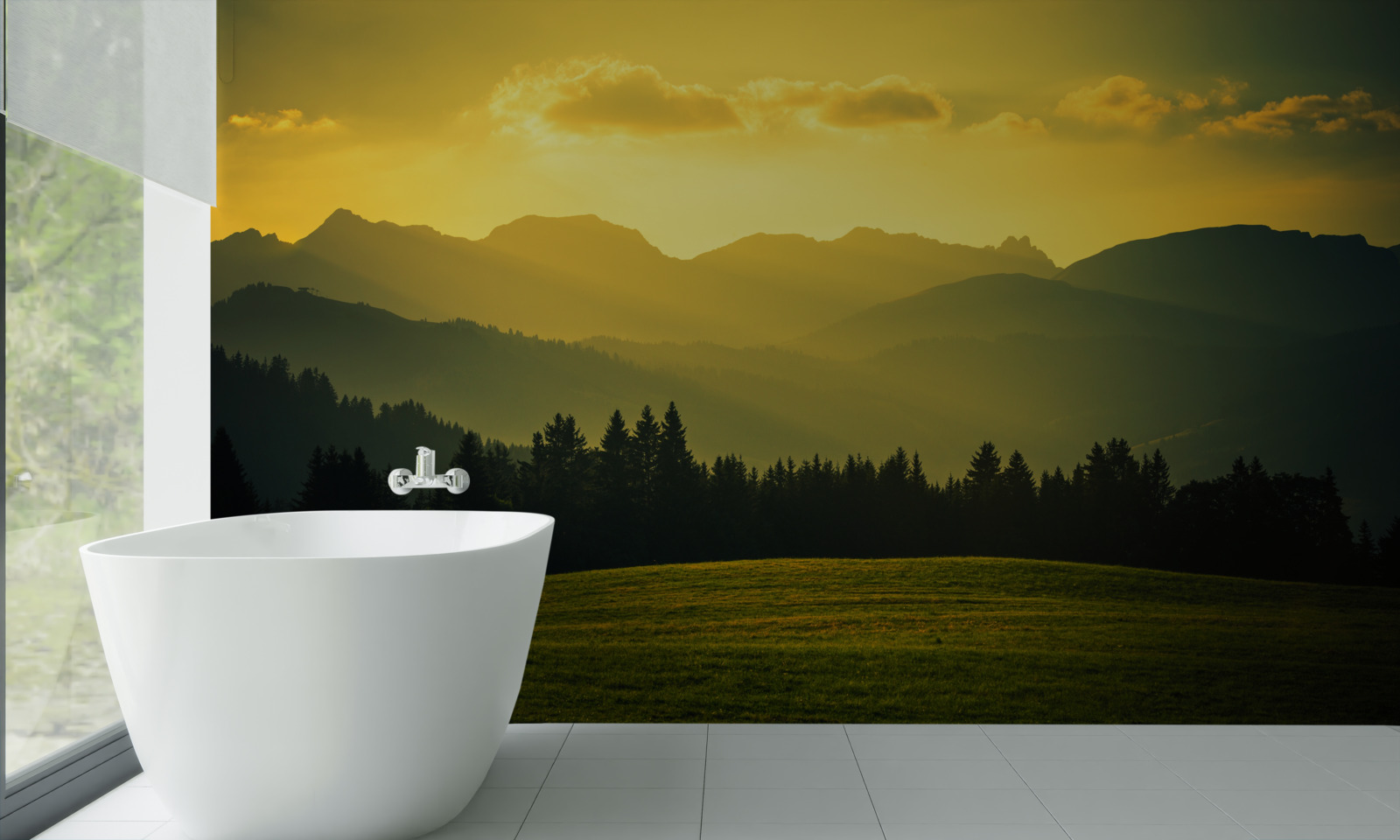 Papier peint Coucher de soleil jaune dans une forêt de montagne enfumée