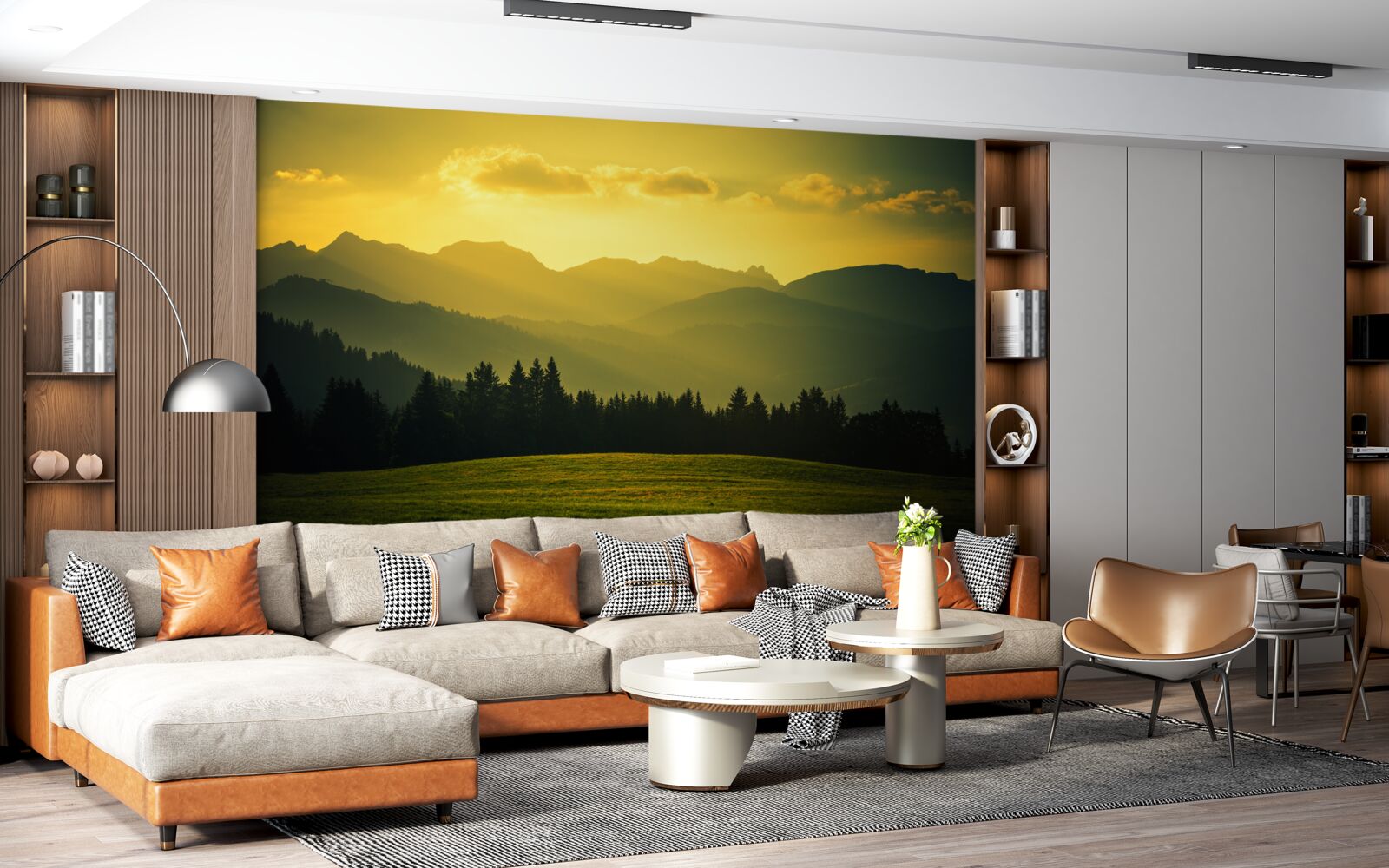 Papier peint Coucher de soleil jaune dans une forêt de montagne enfumée