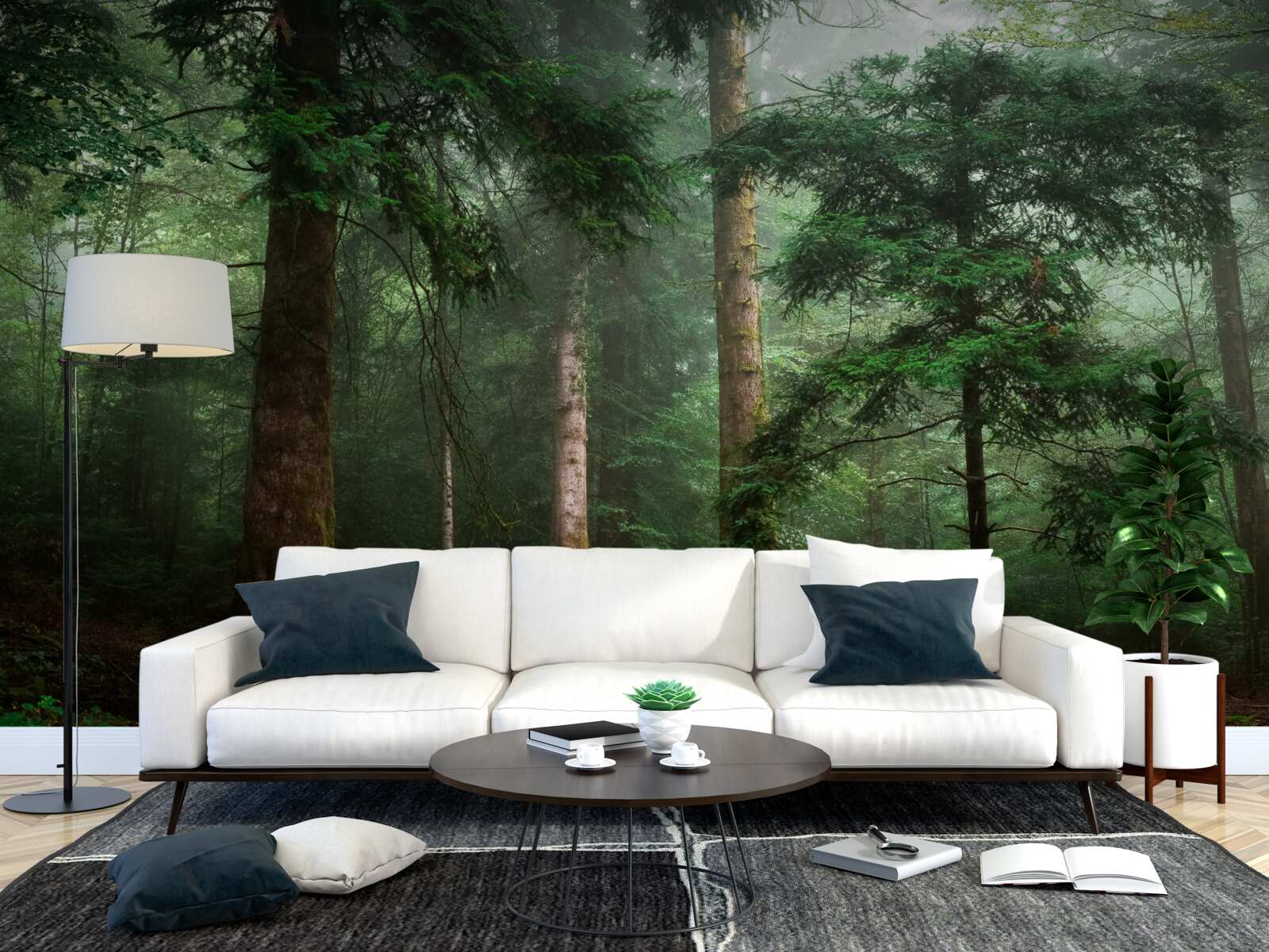 Papier peint la vieille forêt de conifères est enveloppée d'un épais brouillard