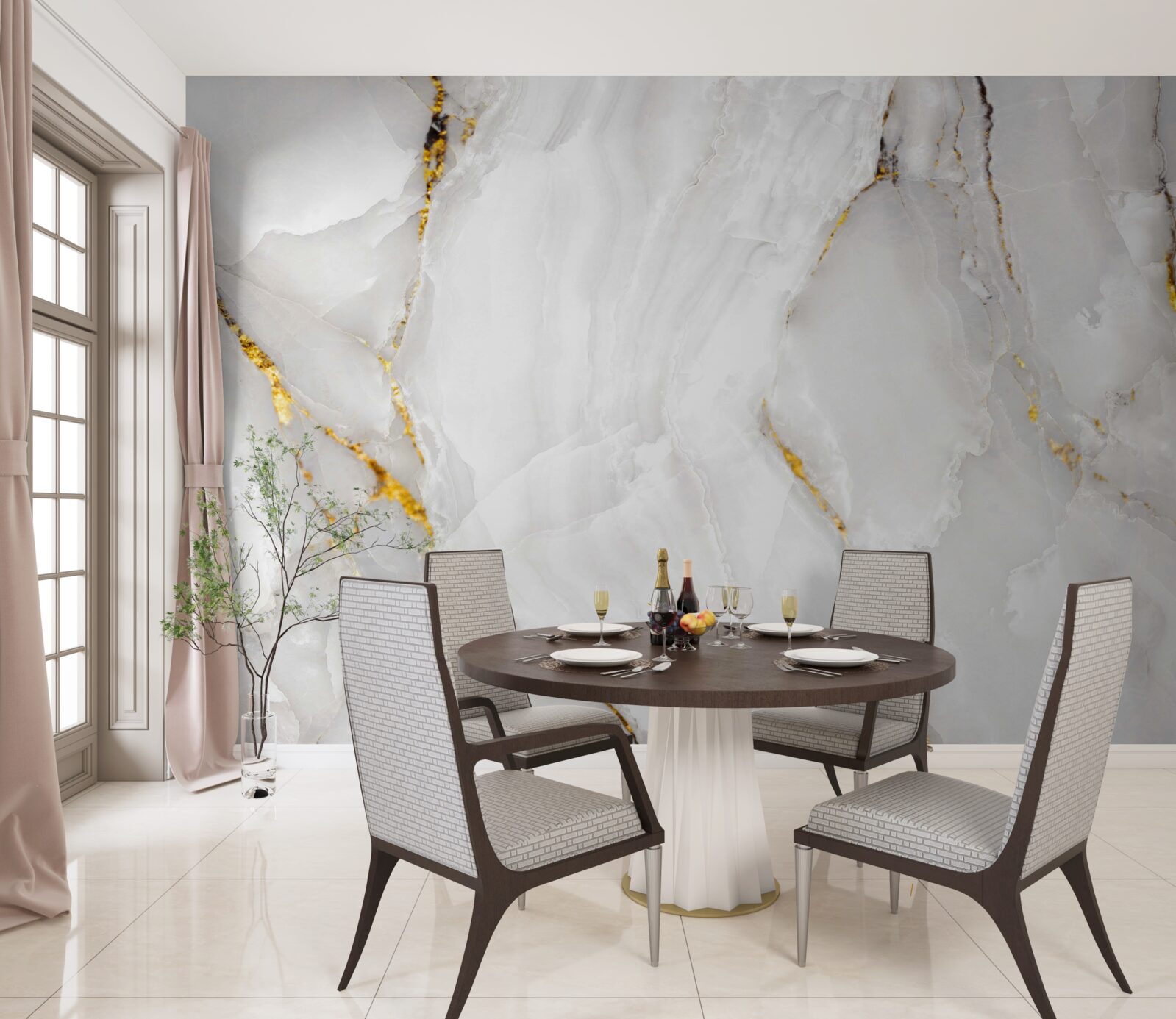 Papier peint marbre dans les tons gris et blanc avec des éléments dorés