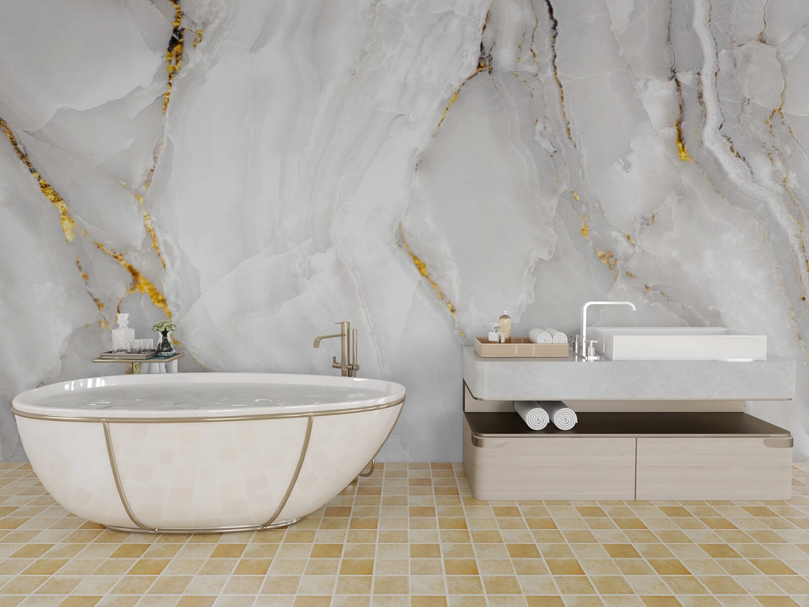 Papier peint marbre dans les tons gris et blanc avec des éléments dorés