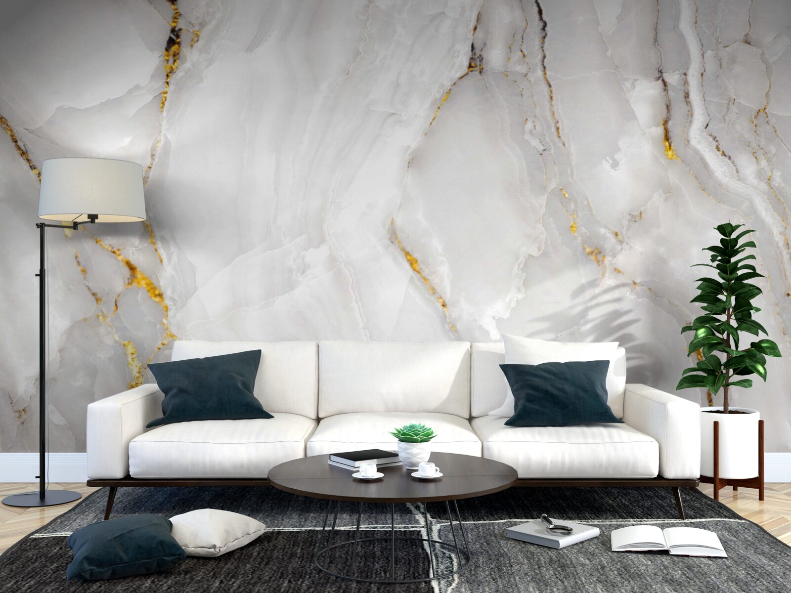 Papier peint marbre dans les tons gris et blanc avec des éléments dorés