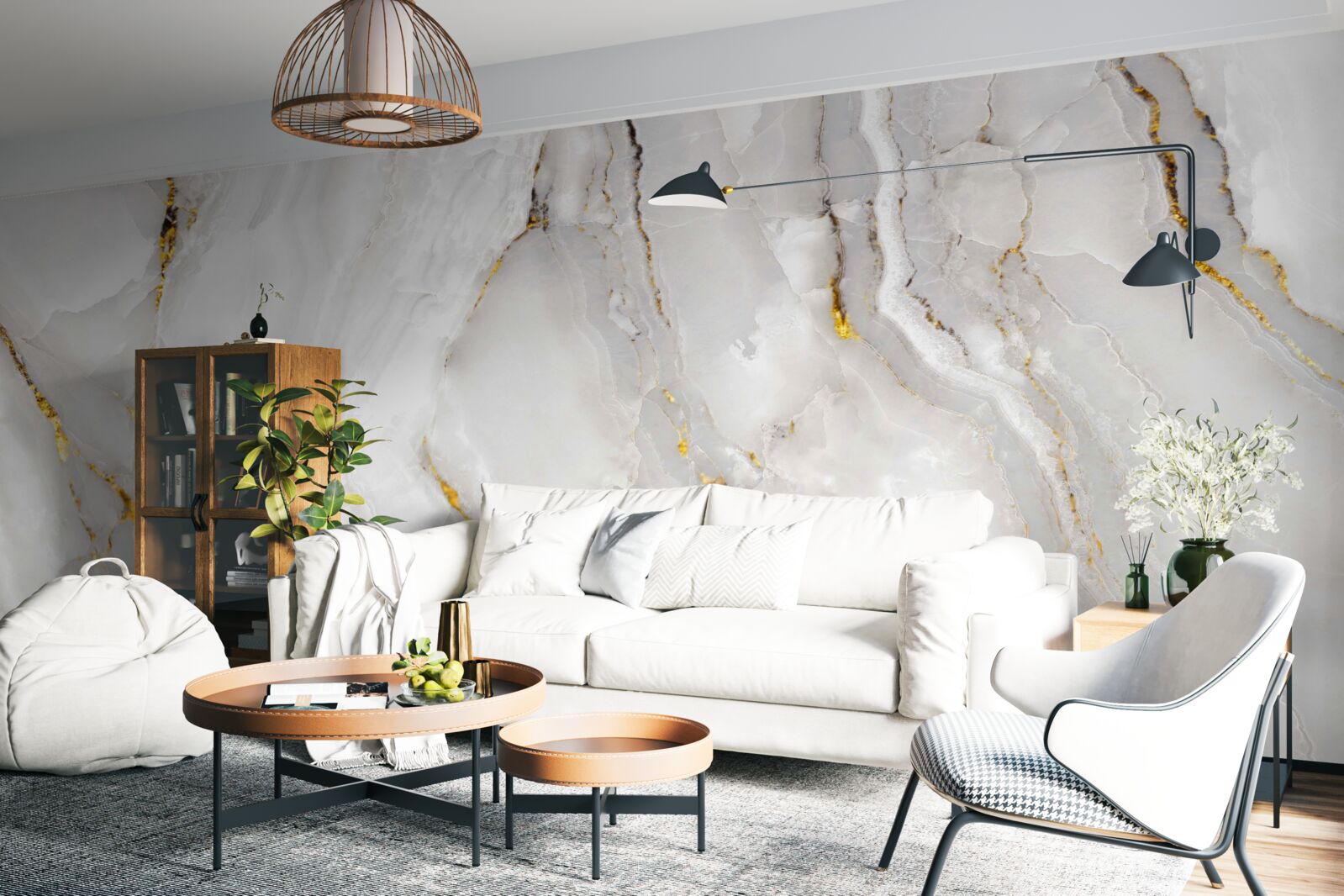 Papier peint marbre dans les tons gris et blanc avec des éléments dorés