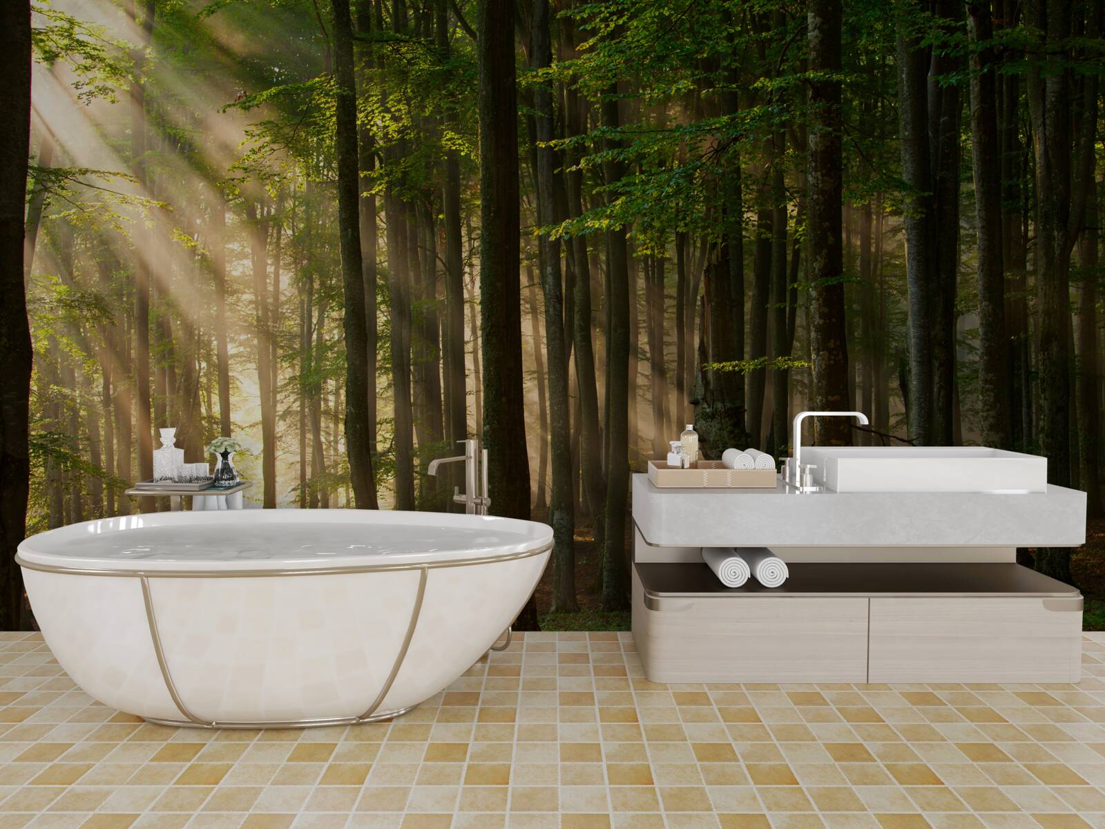 Papier peint Le soleil chasse le froid de la forêt après une nuit passée dehors