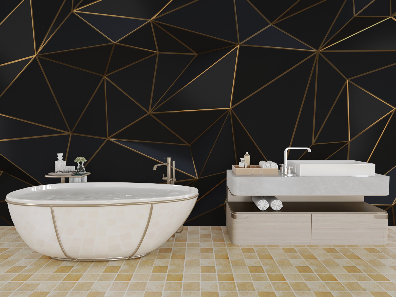 Papier peint triangles et diamants sertis en or