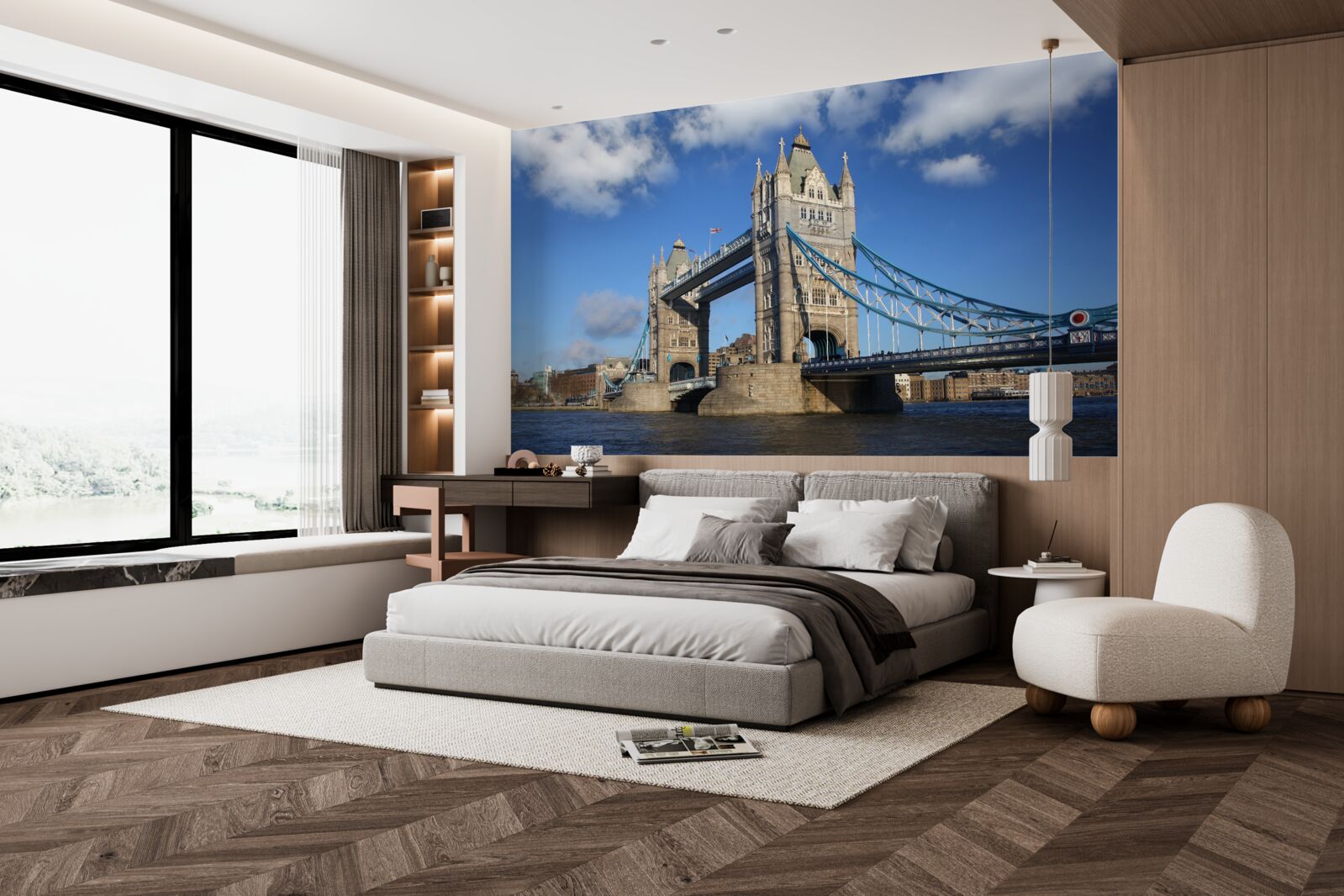 Papier peint le pont-tour qui s'étend sur la surface calme de la rivière