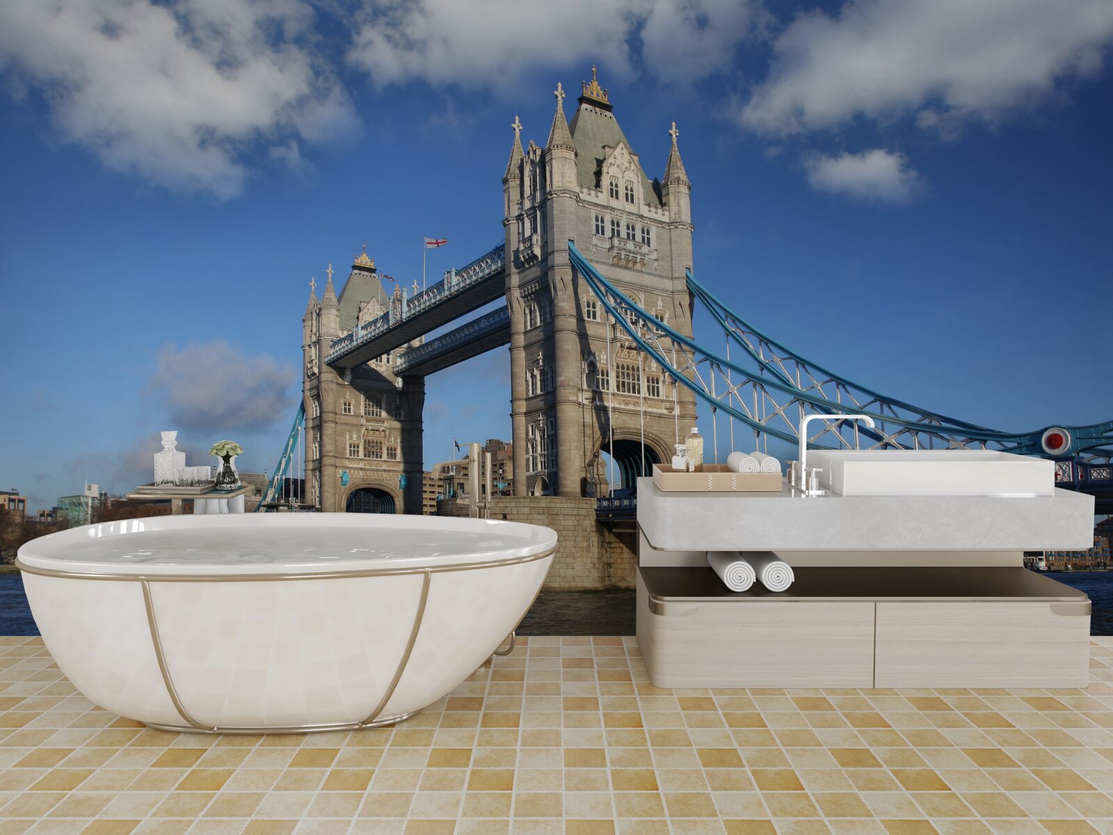 Papier peint le pont-tour qui s'étend sur la surface calme de la rivière