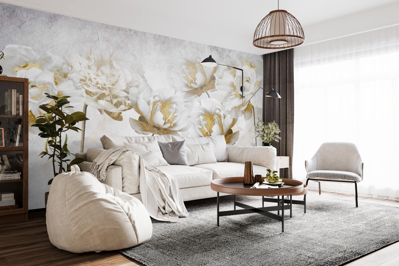 Papier peint Jolies fleurs de coton en blanc