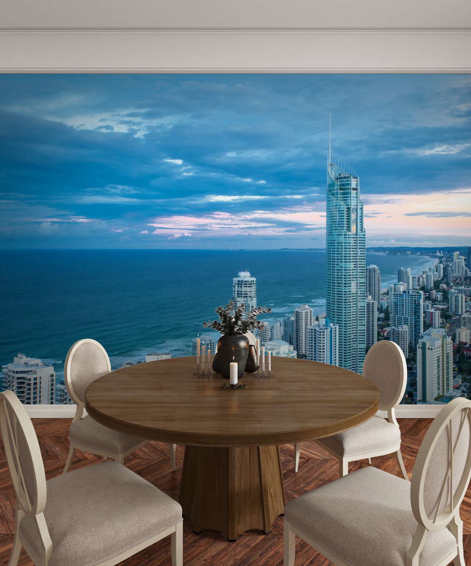 Papier peint ville géante au bord de la mer