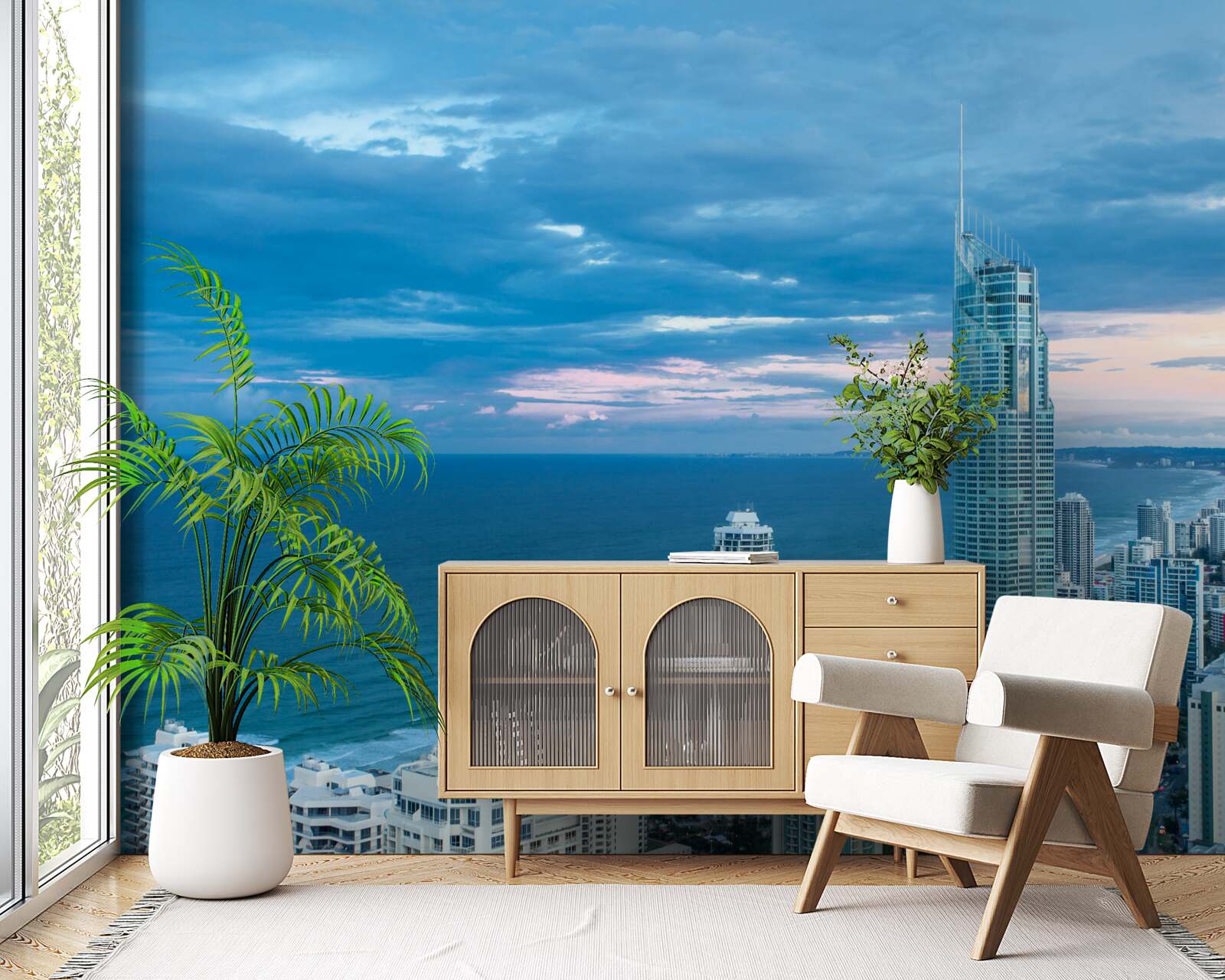 Papier peint ville géante au bord de la mer