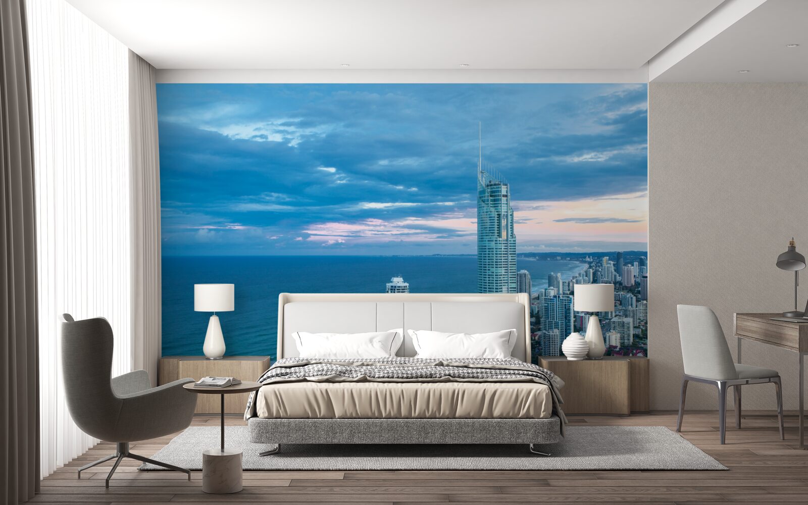 Papier peint ville géante au bord de la mer