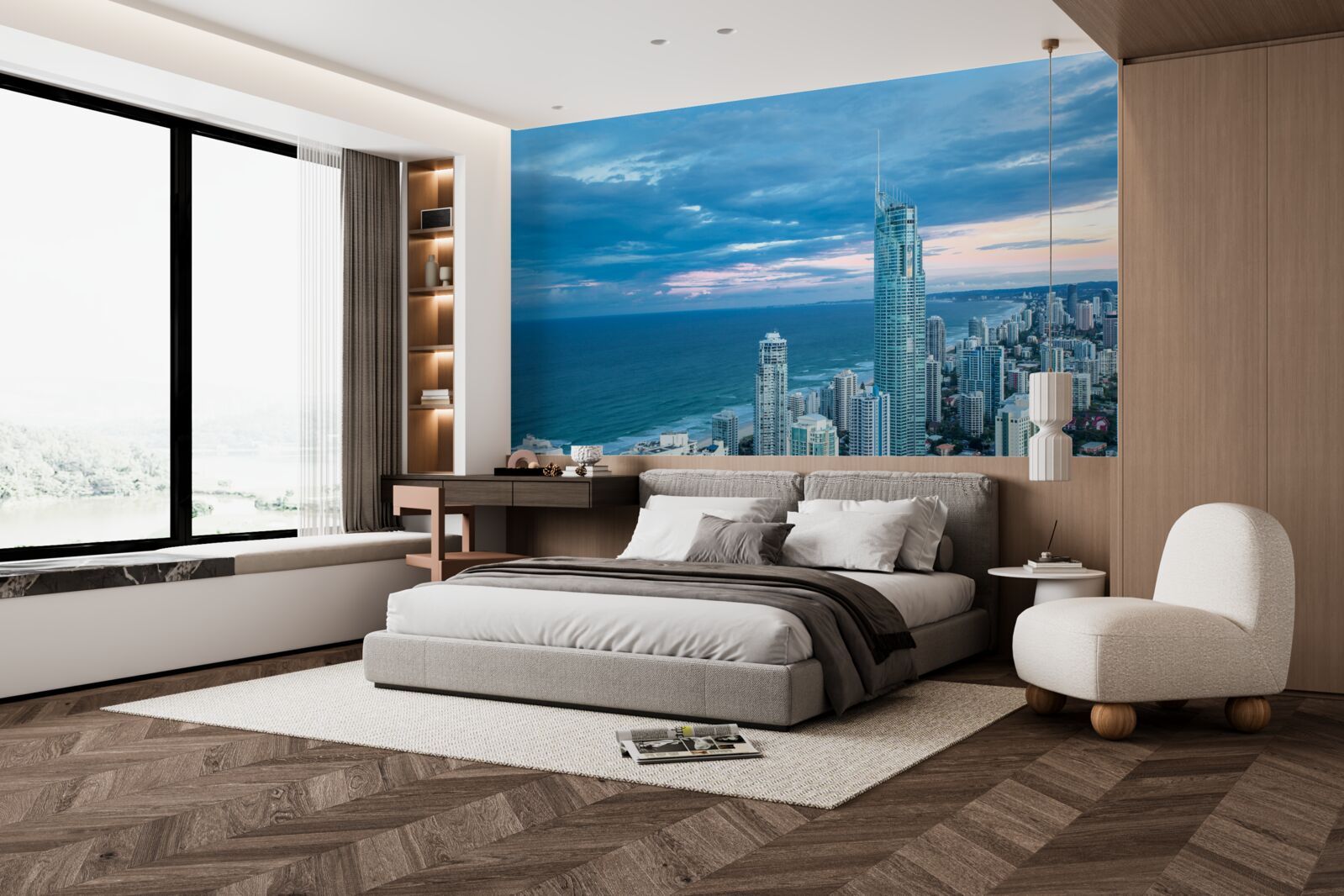 Papier peint ville géante au bord de la mer