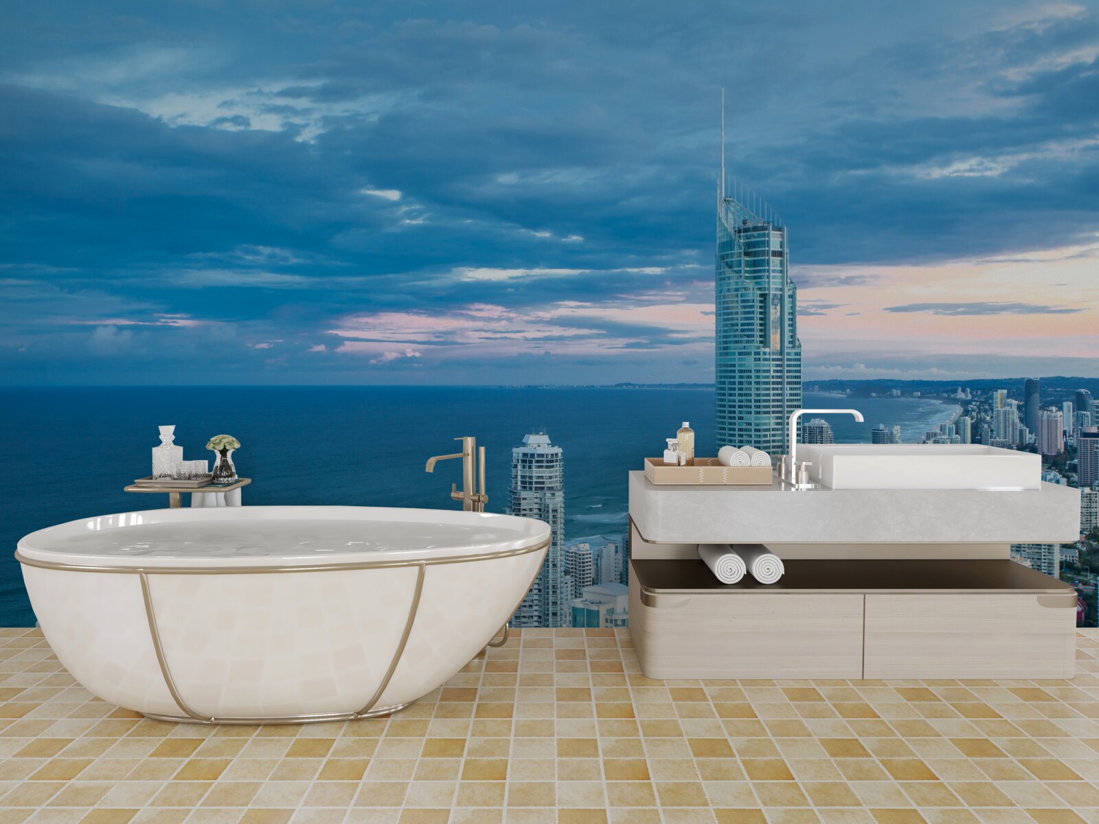 Papier peint ville géante au bord de la mer