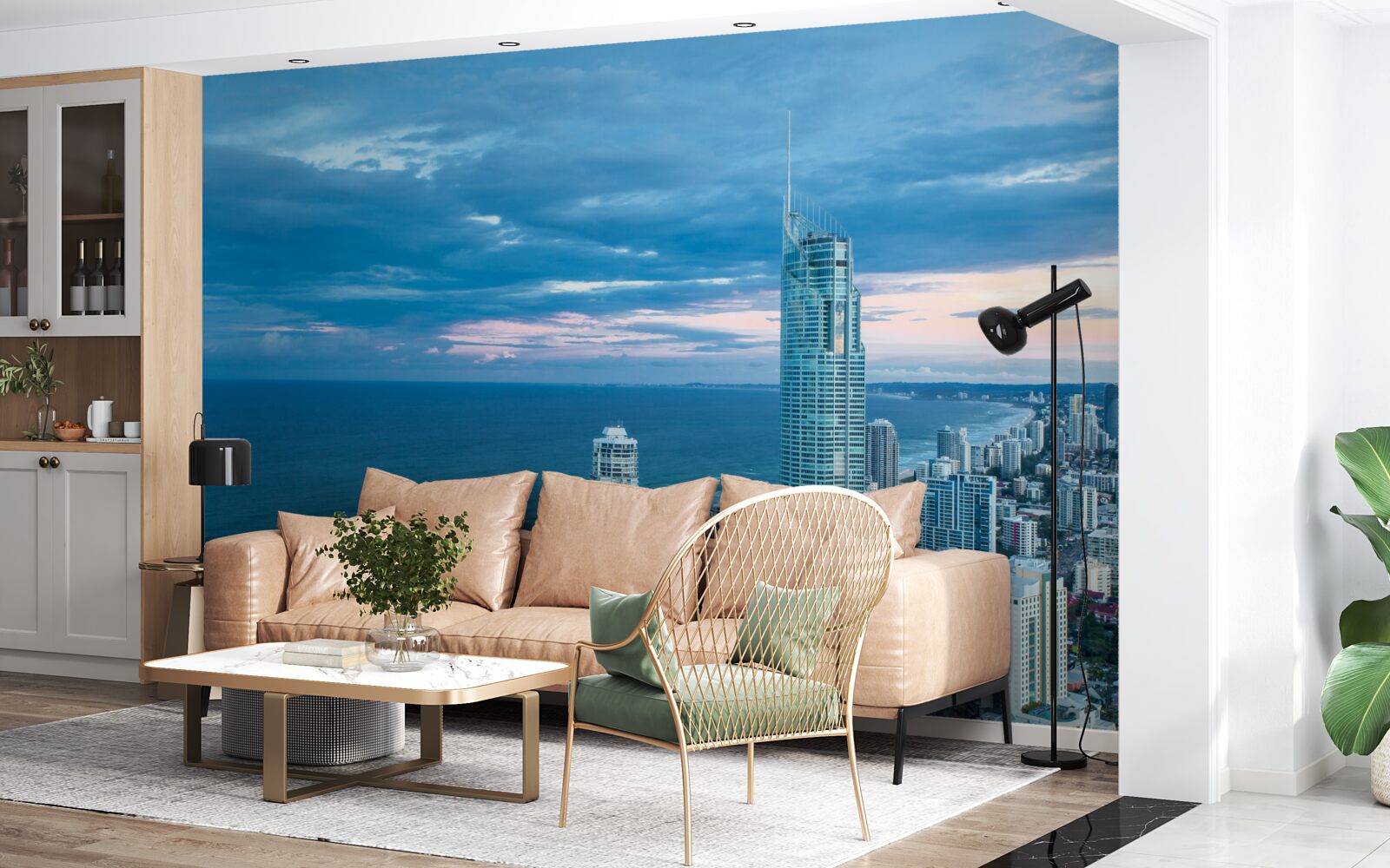 Papier peint ville géante au bord de la mer